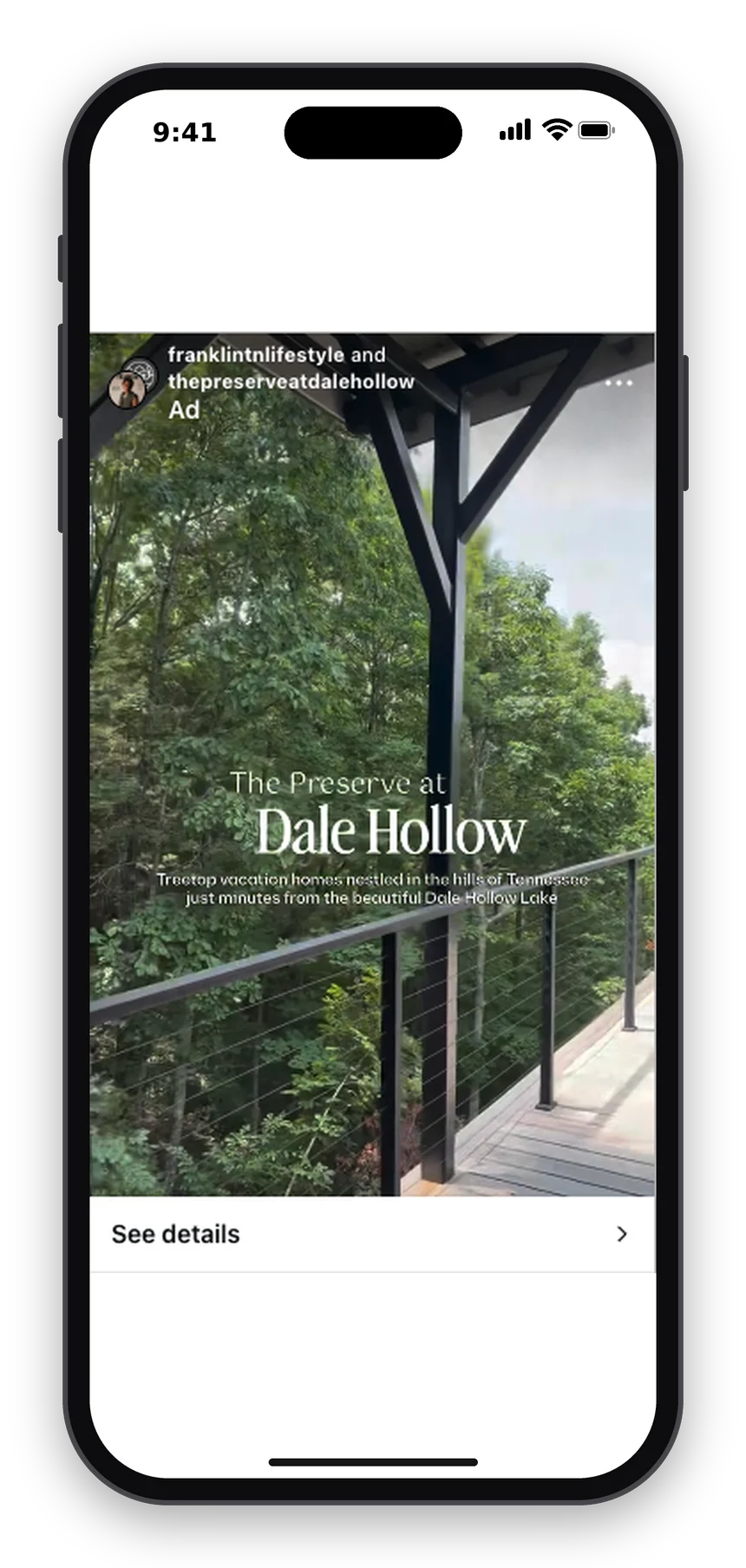 Instagram Story ad for The Preserve at Dale Hollow, co-branded with Franklin Lifestyle