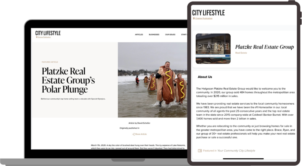 The advertiser's business page and featured article on CityLifestyle.com shown on a laptop and tablet