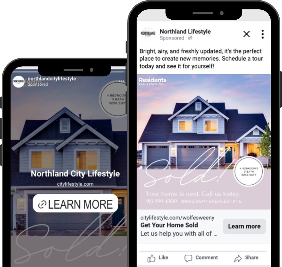 Two phones showing a Northland City Lifestyle co-branded real estate ad in the Instagram story and Facebook feed
