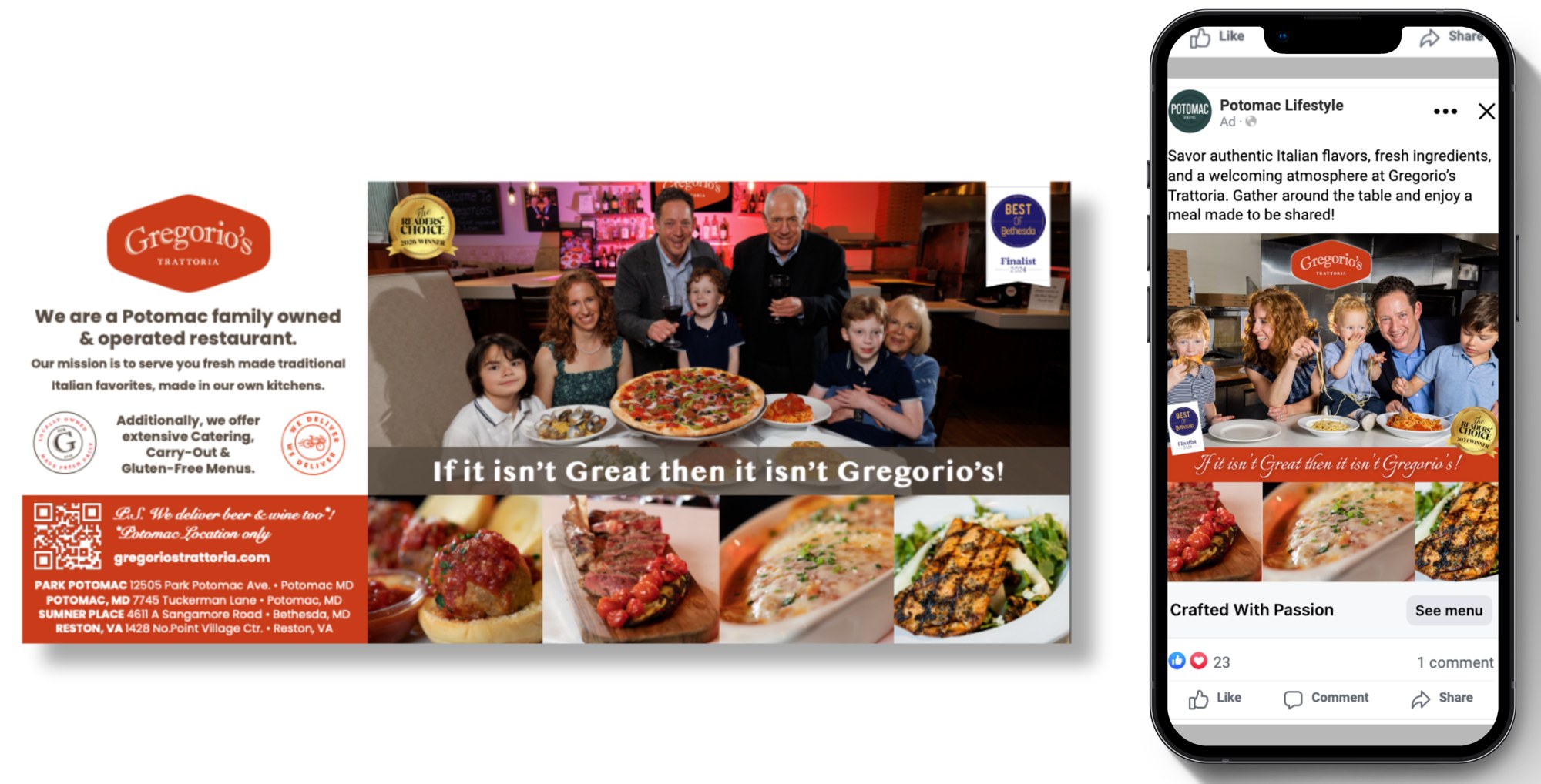 Gregorio's Trattoria ad creative from Potomac Lifestyle