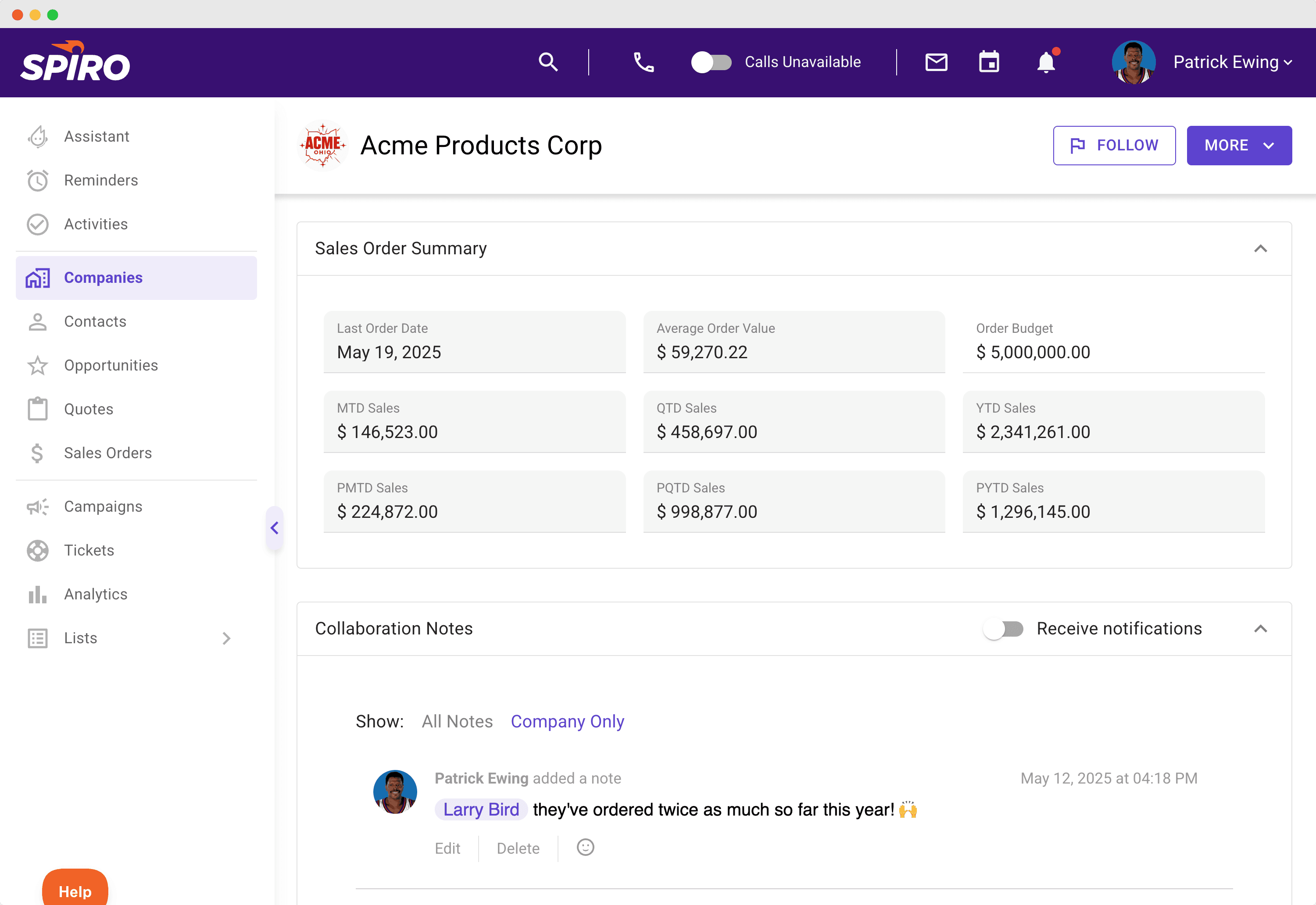 Screenshot of Spiro’s CRM dashboard showing real-time sales order metrics for a manufacturing customer, including order values, sales to date, and rep collaboration notes.
