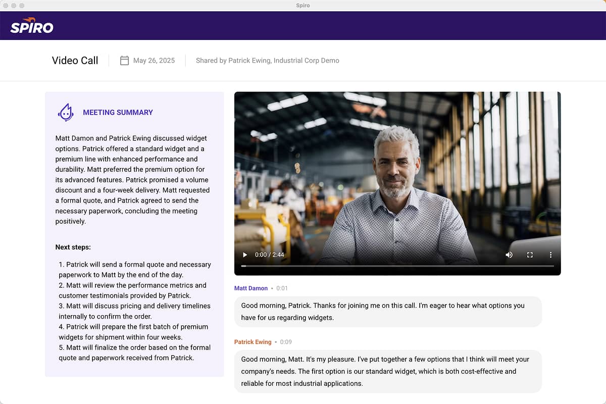 Screenshot of Spiro’s AI Notetaker interface showing a video call, meeting summary, and automated next steps—highlighting how manufacturing sales teams can capture call insights without manual notes.