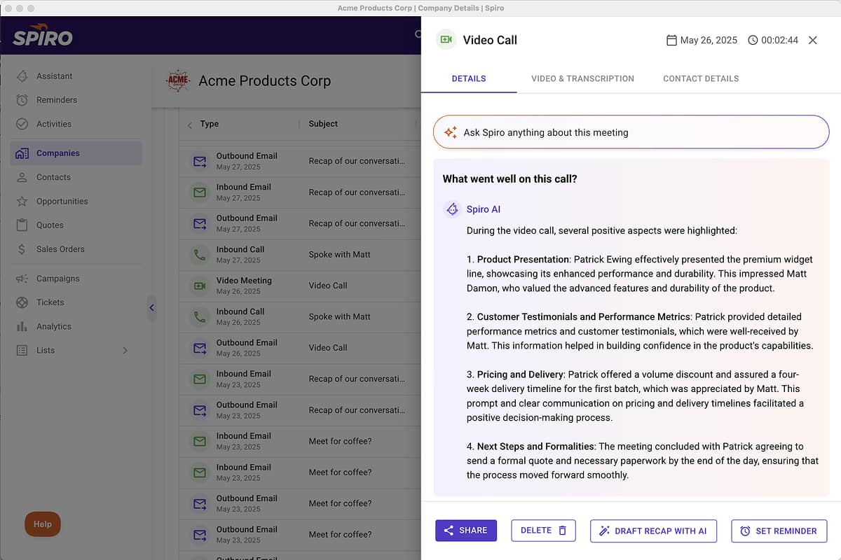 Screenshot of Spiro’s Ask Spiro AI assistant analyzing a video call recap, showing key highlights and next steps—enabling manufacturing sales teams to instantly understand what happened and act faster.