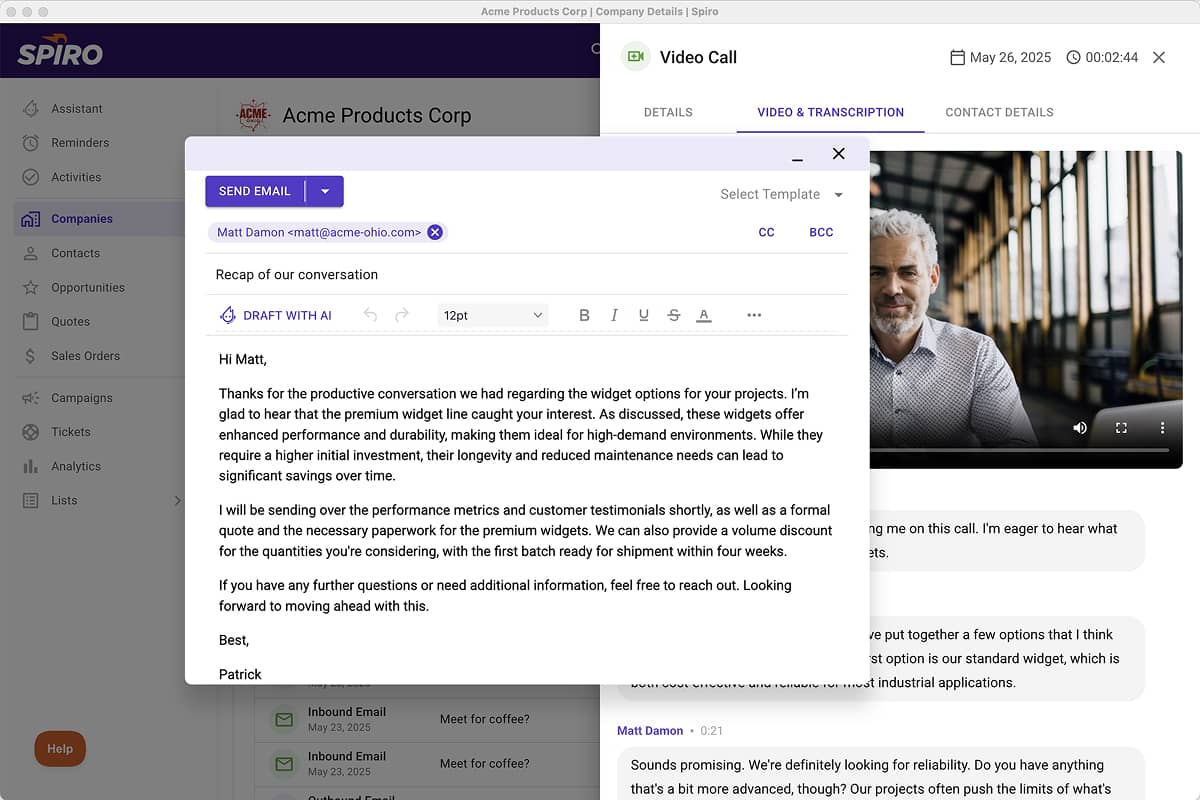 Screenshot of Spiro automatically drafting a follow-up email after a sales call, summarizing the conversation and outlining next steps—helping manufacturing sales teams follow up instantly without manual effort.