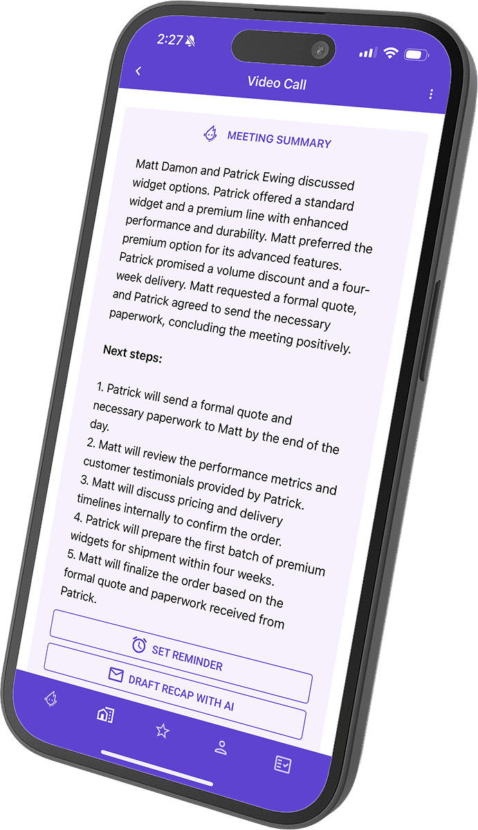 Mobile view of Spiro’s note summary showing an instant meeting recap and clear action items, auto-generated after a sales call—eliminating the need to rewatch or relisten.