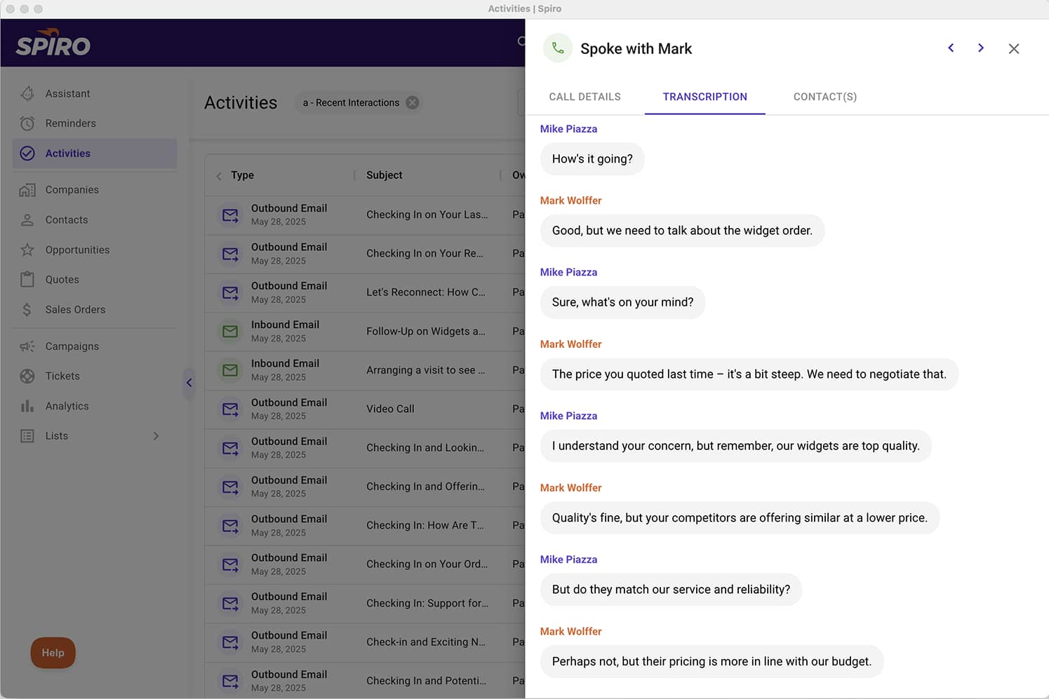 Automatic call transcription in Spiro CRM for manufacturing sales teams
