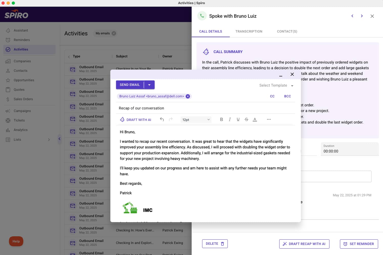 AI-generated follow-up email in Spiro’s CRM for manufacturing sales teams