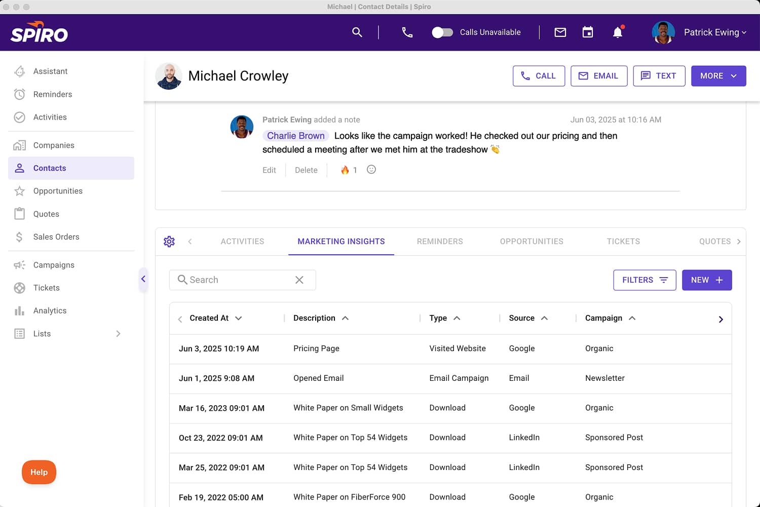 Spiro CRM contact record showing synced marketing insights, including web visits, downloads, and email engagement, linking campaign activity directly to sales conversations.