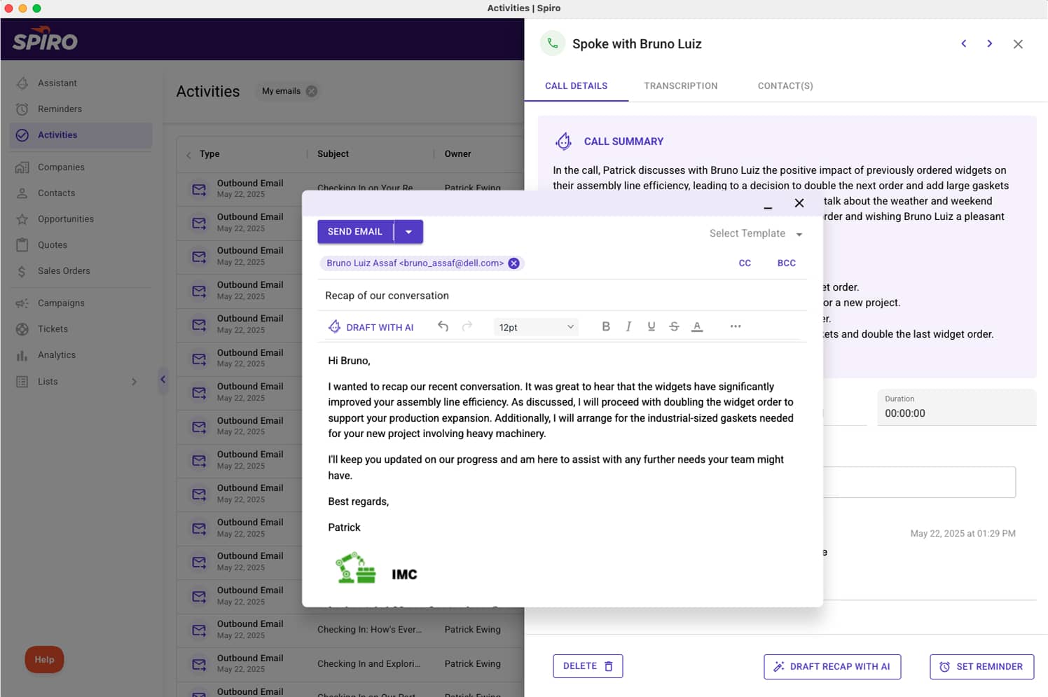 Spiro CRM interface showing an AI-generated follow-up email and call summary drafted automatically after a sales meeting for manufacturing company.