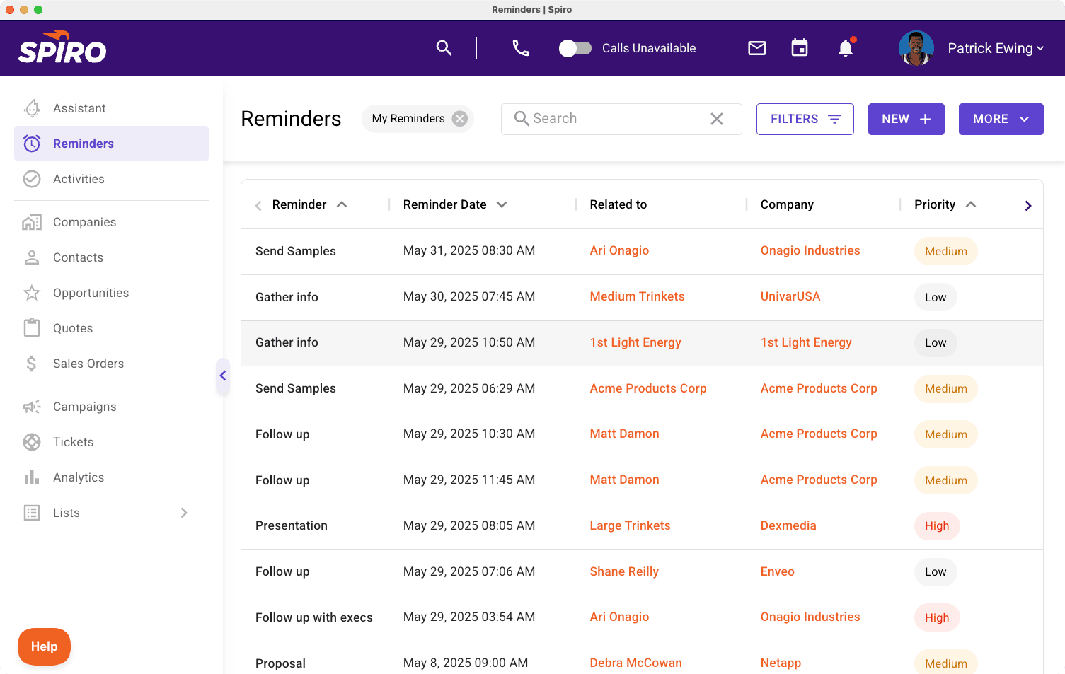 Screenshot of Spiro CRM’s reminders dashboard for manufacturing showing a prioritized list of follow-ups and tasks tied to quotes, calls, and customers.