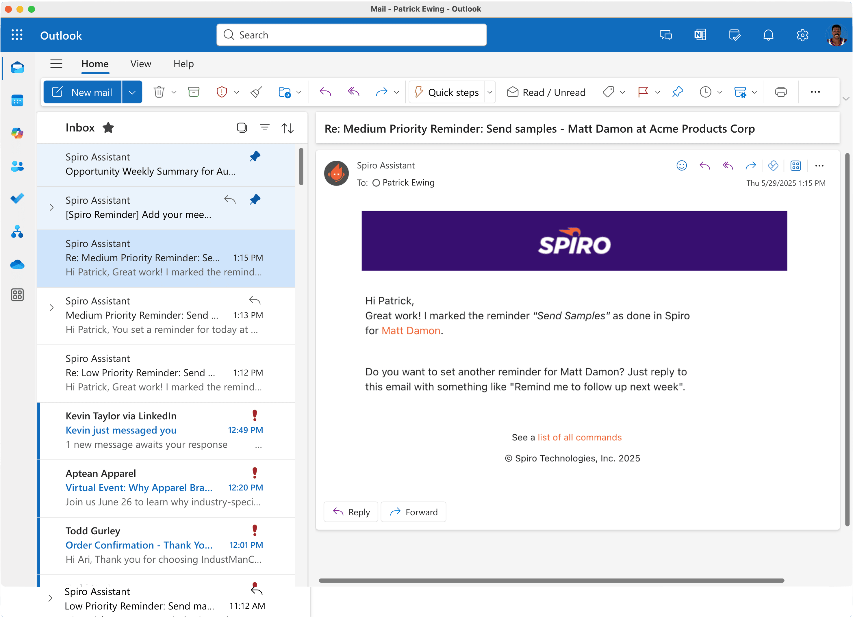 Screenshot of an email showing Spiro CRM confirming a reminder set via email with plain-English task instructions.