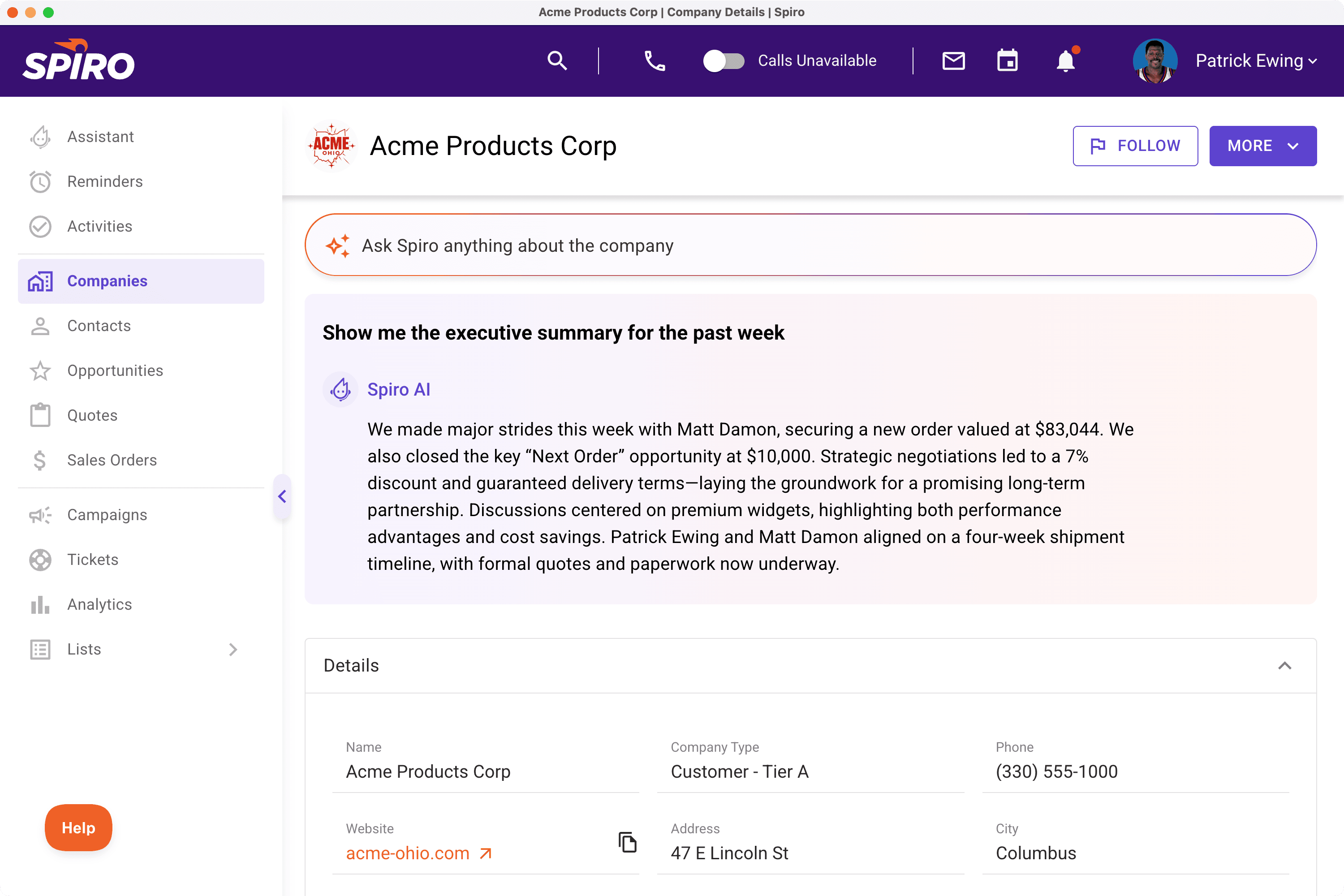 Spiro CRM company record showing an AI-generated executive summary of recent sales activity, highlighting key deals, contacts, and order updates for account visibility.