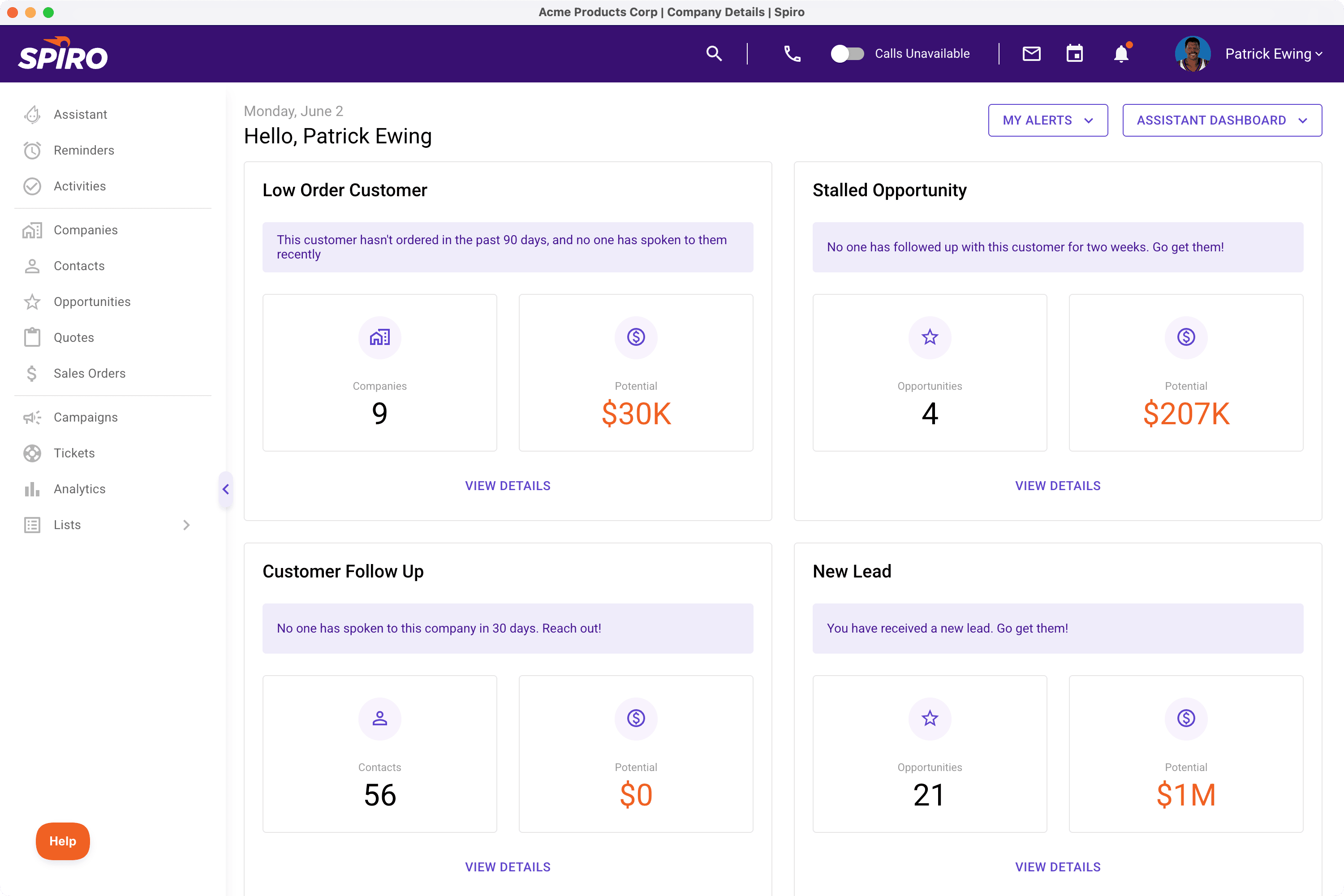 Spiro Assistant dashboard displaying alerts for stalled opportunities, low order activity, and missed follow-ups, helping sales teams take proactive action.