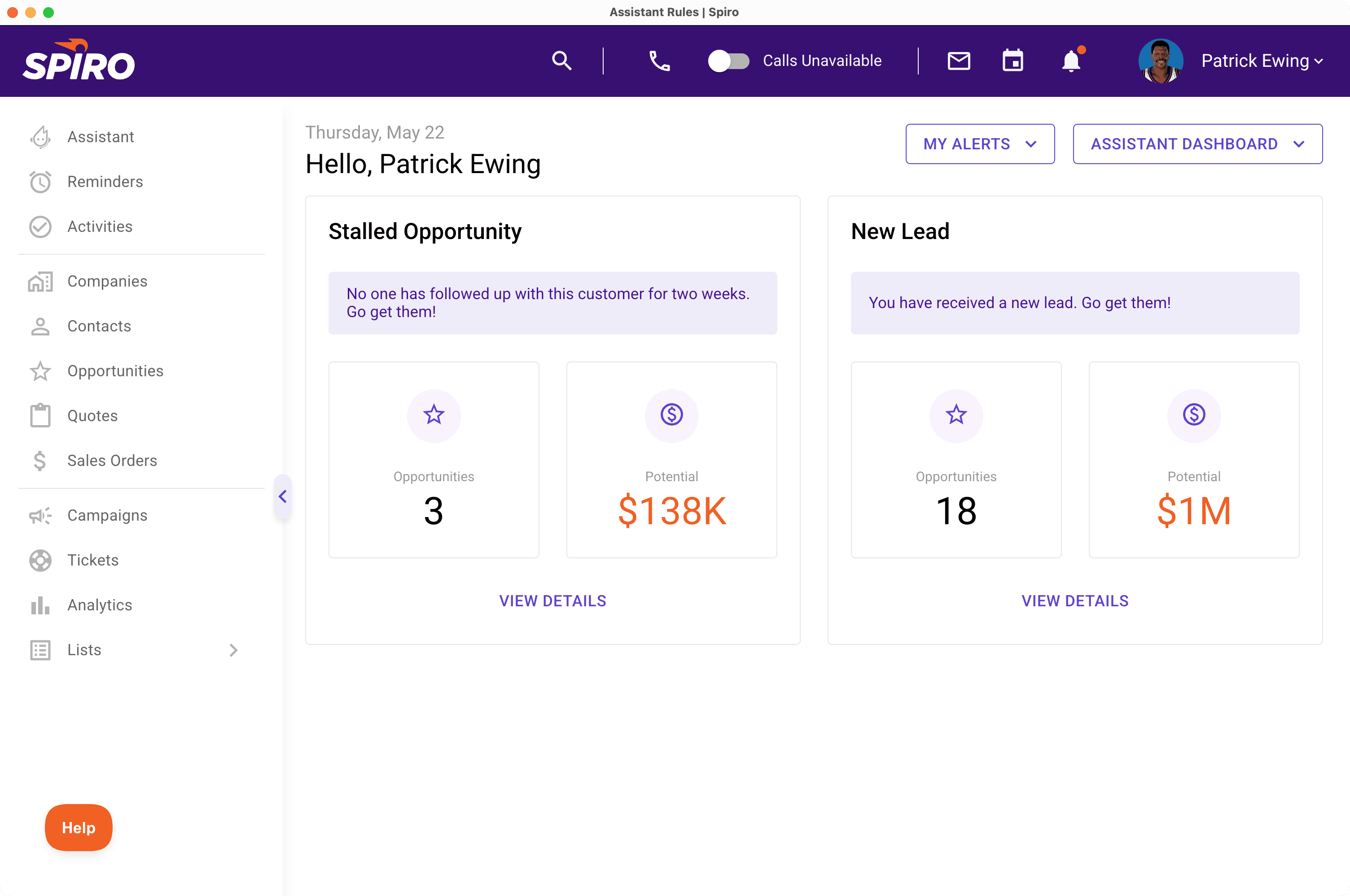 Spiro CRM dashboard displaying stalled opportunities and new leads, with automated reminders that alert manufacturing sales reps before deals slip through the cracks.
