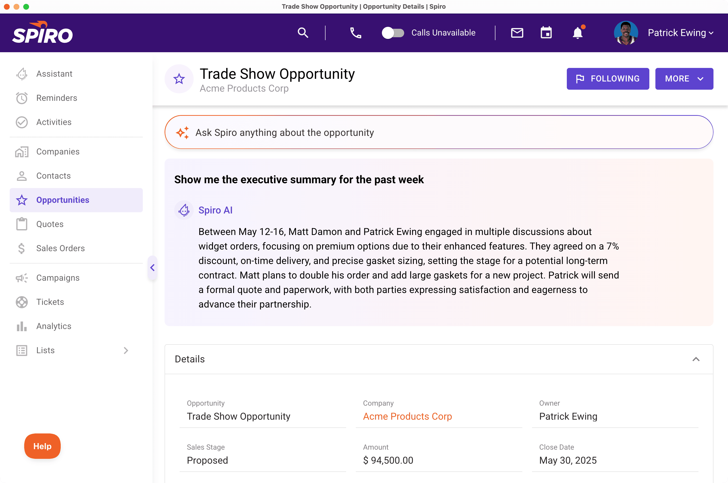 Spiro CRM interface showing an AI-generated opportunity summary and chat-style Q&A, helping manufacturing sales teams get fast answers and recaps for every deal.