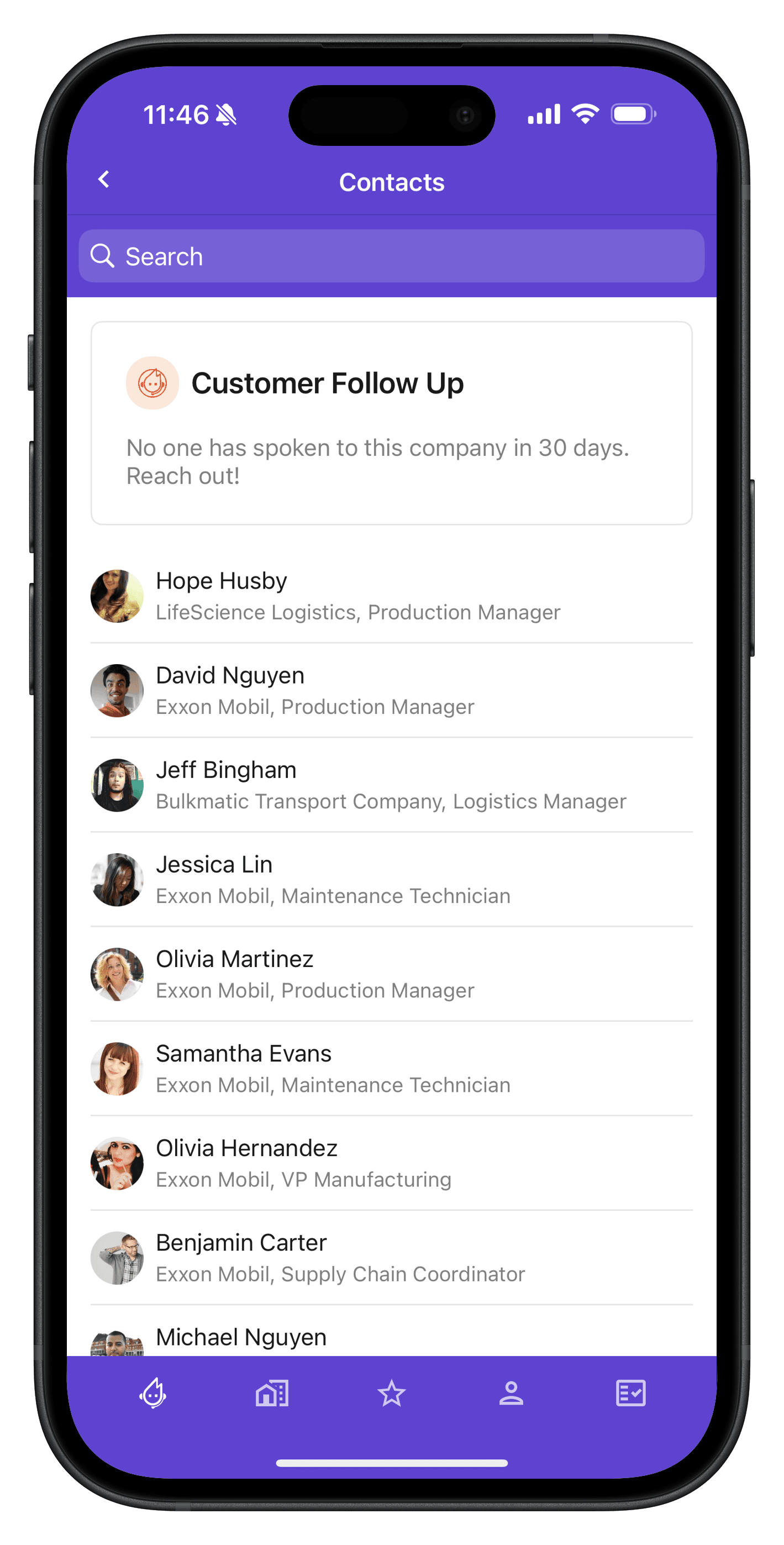 Spiro CRM mobile app for manufacturers showing a prioritized follow-up list of contacts flagged for no recent outreach, helping reps take fast action.