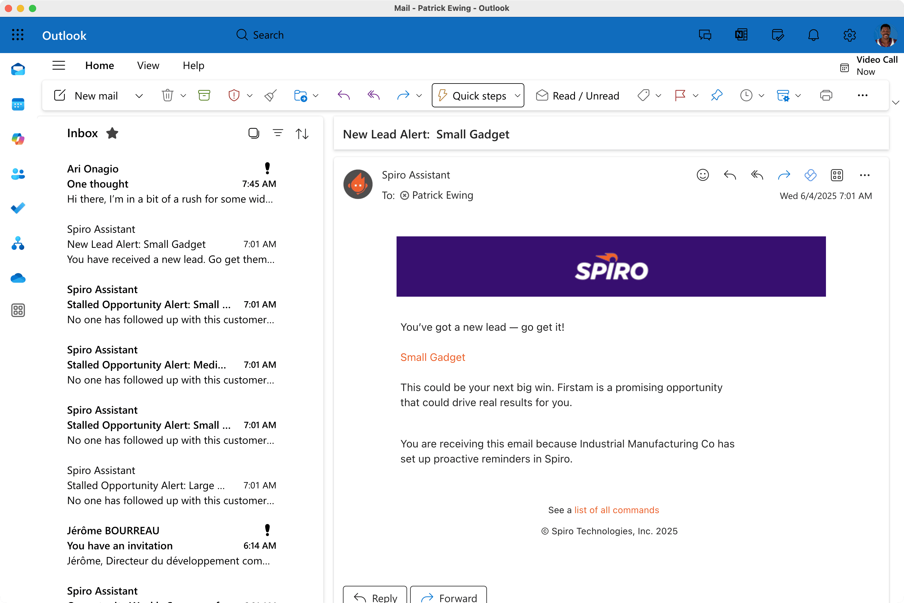 Email inbox showing a Spiro CRM Assistant alert with personalized follow-up recommendations tailored to sales rep role and account activity at a manufacturing company.