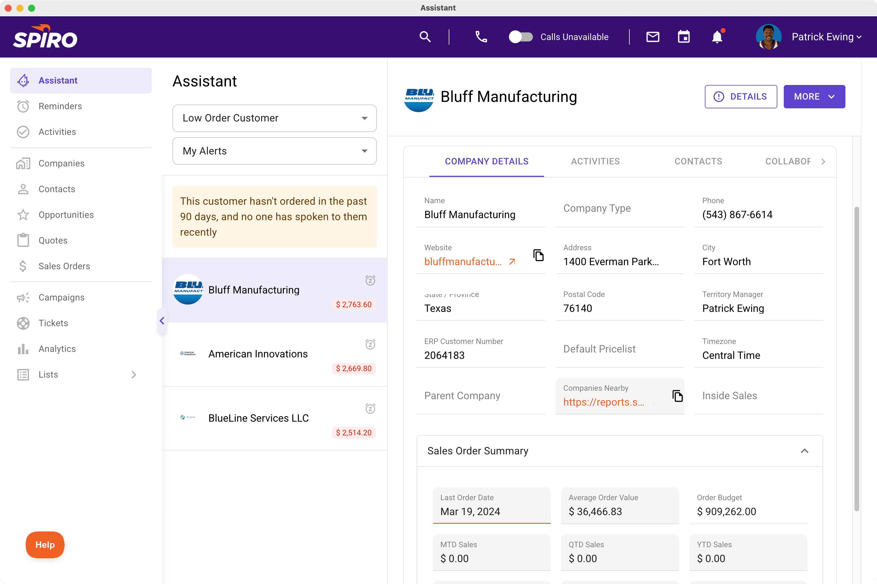 Screenshot of Spiro’s AI CRM Assistant flagging inactive customers and low order activity so manufacturing sales teams can act before revenue is lost.