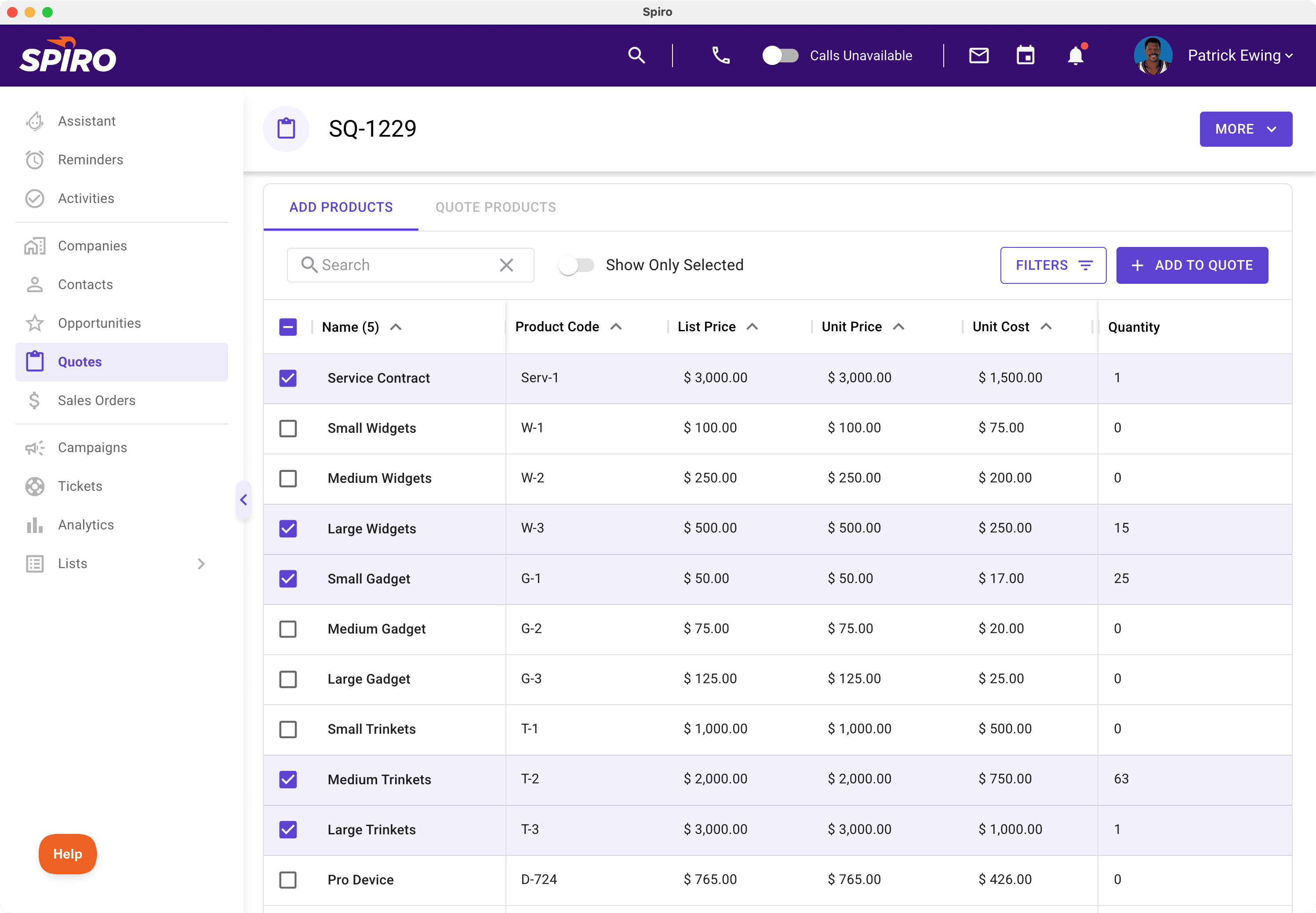 Spiro quote builder interface showing ERP-synced product list with real-time pricing, SKUs, and customer-specific margins for fast, accurate quoting in manufacturing sales.
