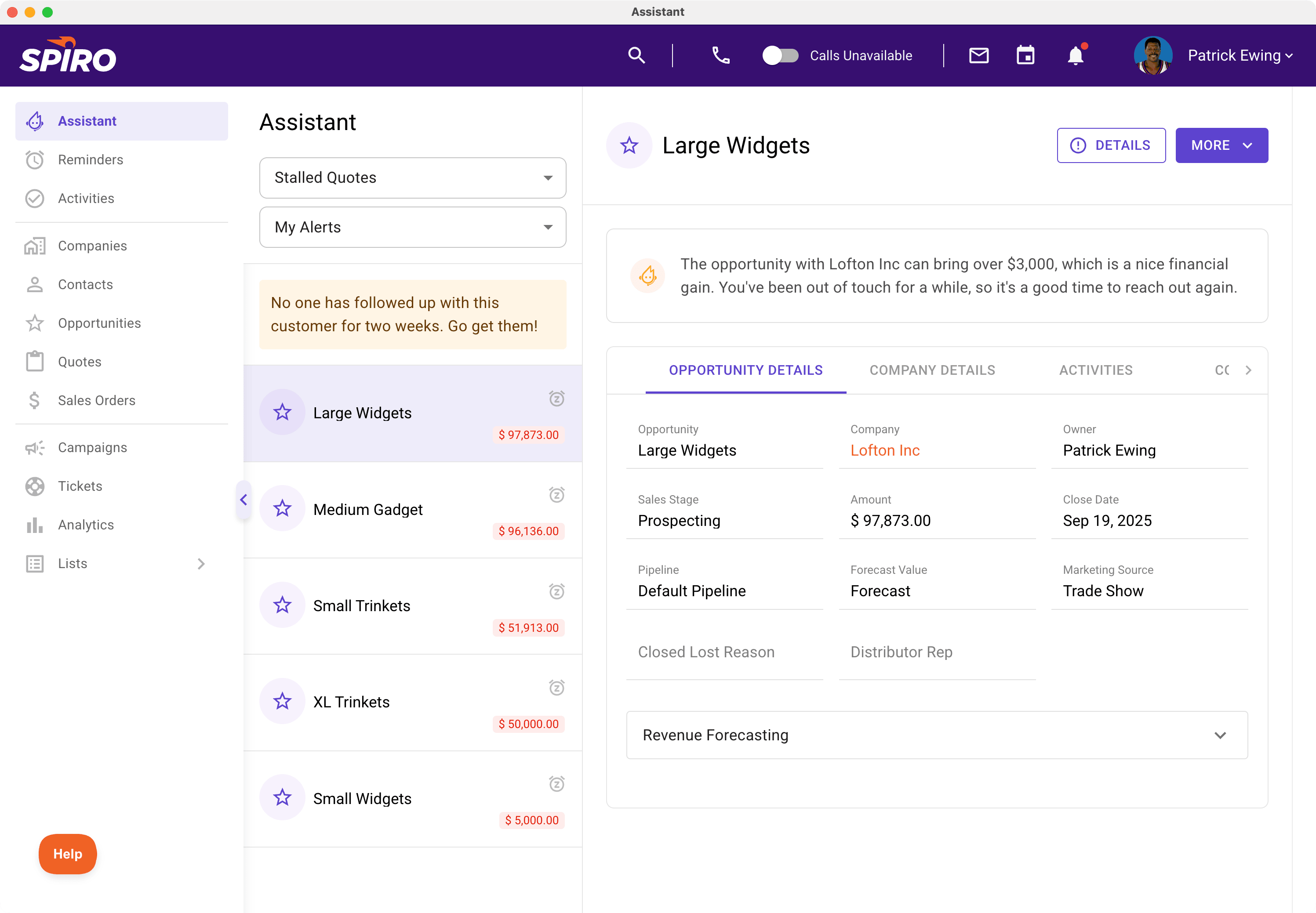 Spiro assistant highlights stalled quotes and suggests follow-ups, helping manufacturing sales teams re-engage before deals go cold.