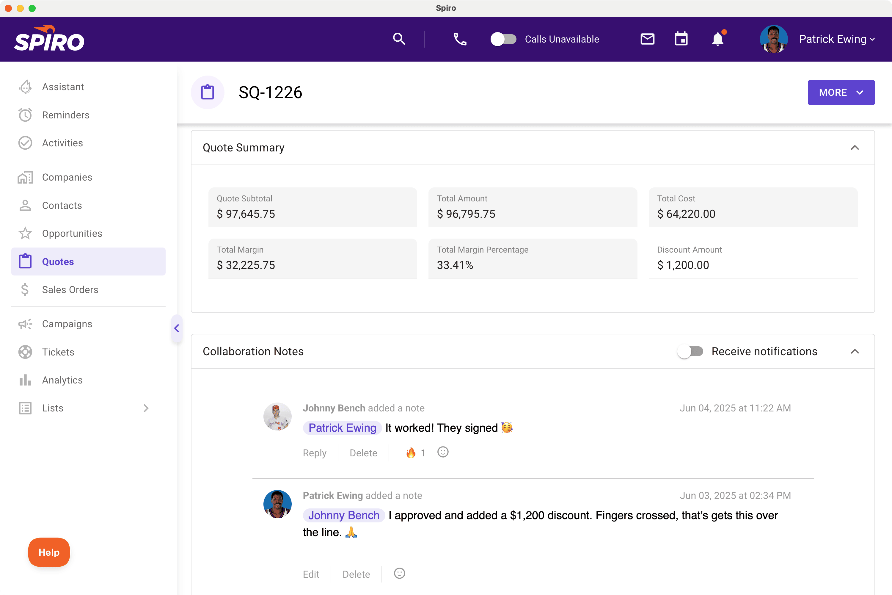 Spiro quoting interface showing tracked quote summary and internal collaboration notes, keeping sales, operations, and finance teams at manufacturing companies aligned on pricing and approvals.
