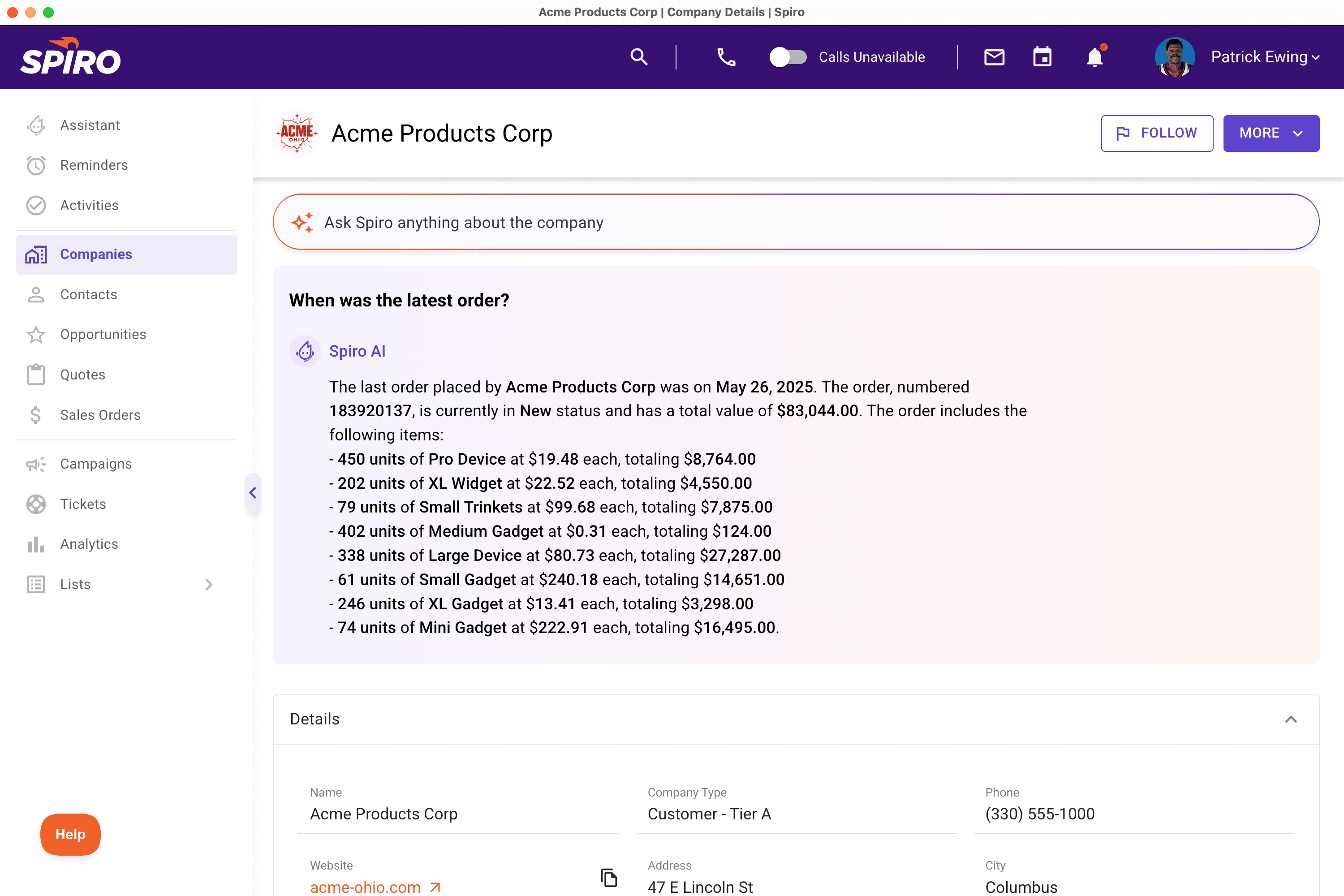 Screenshot of Spiro's AI-powered CRM showing a company profile with synced ERP order data, highlighting how Spiro supports manufacturers by reflecting real product, customer, and sales info.