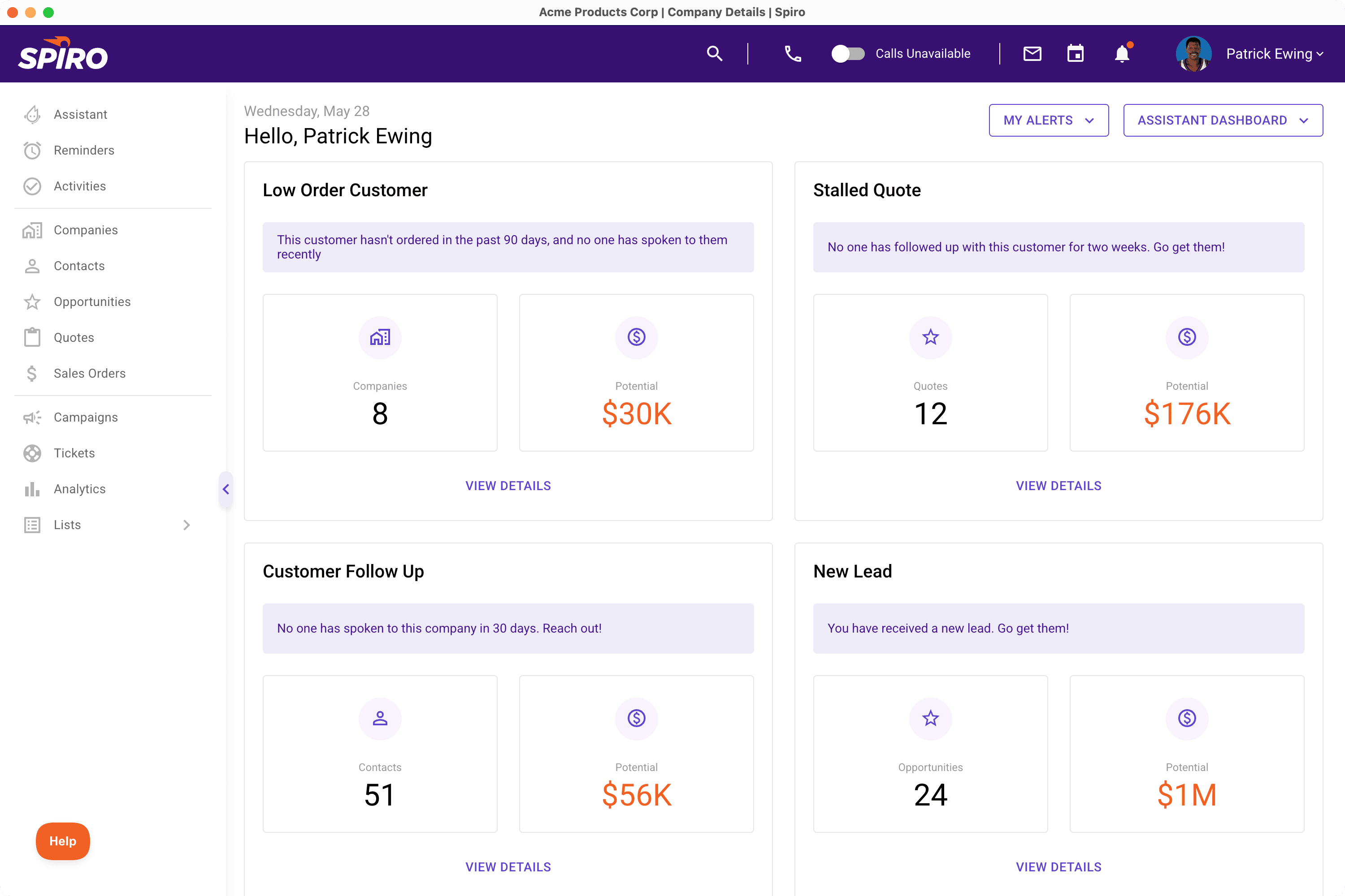 Spiro assistant dashboard highlighting AI-detected issues like stalled quotes, low-order customers, and missed follow-ups, helping manufacturing sales teams act before revenue slips.