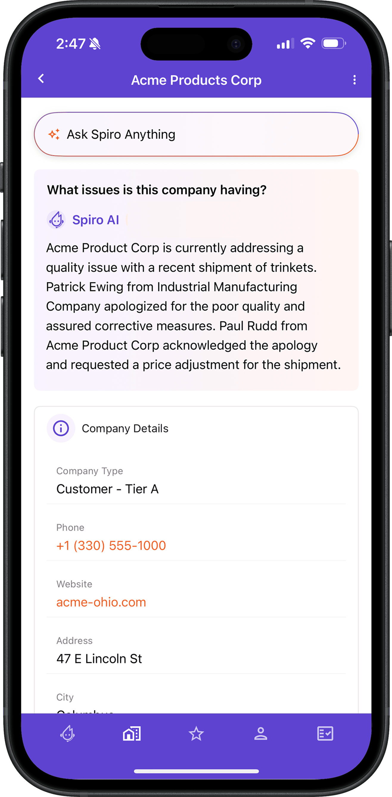 Spiro CRM mobile app showing an AI-generated summary of a customer issue, keeping sales teams informed about support activity before their next conversation.