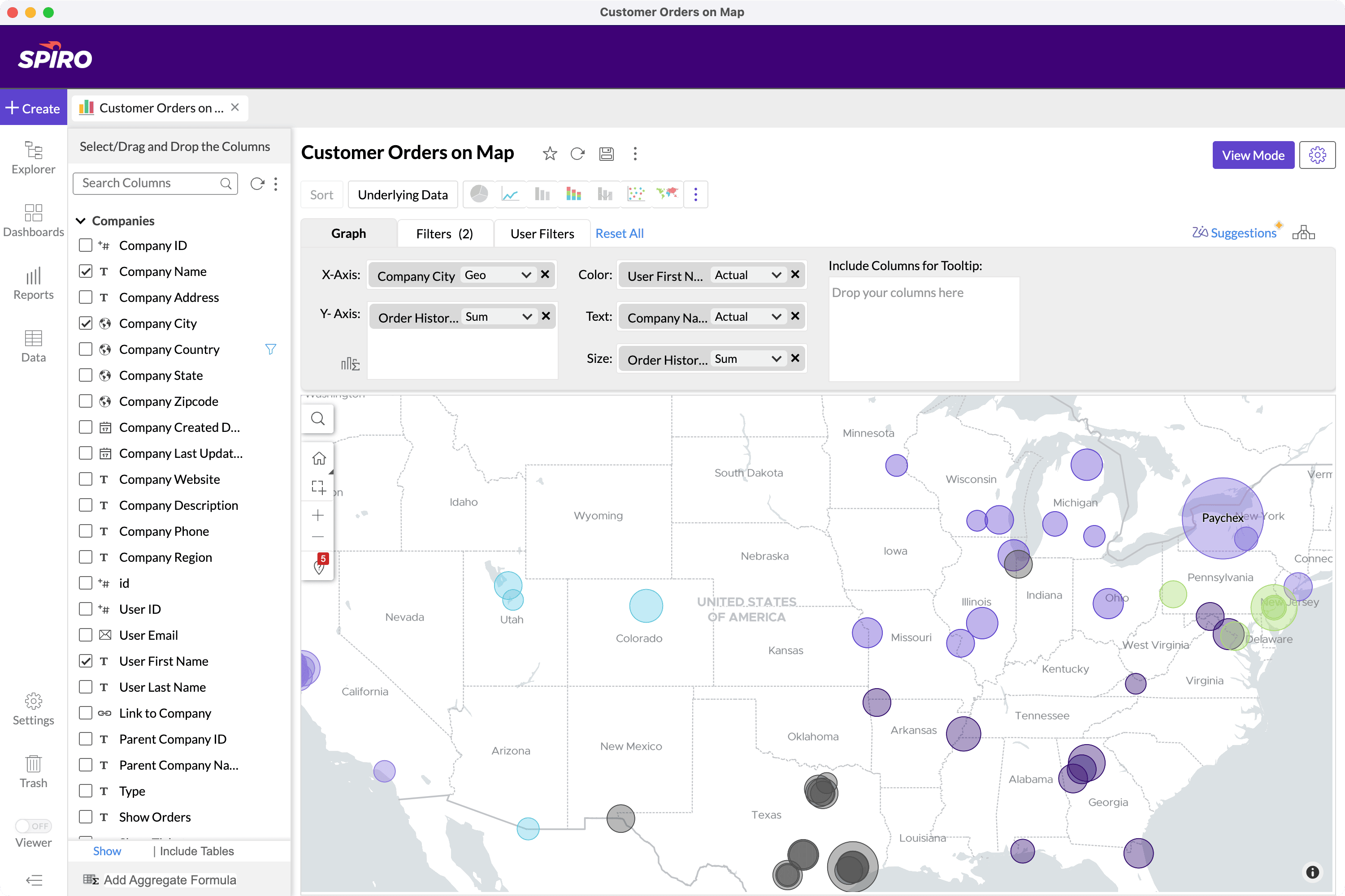 Spiro report builder showing editable map of customer orders by region, with live ERP-connected data for manufacturing CRM reporting.