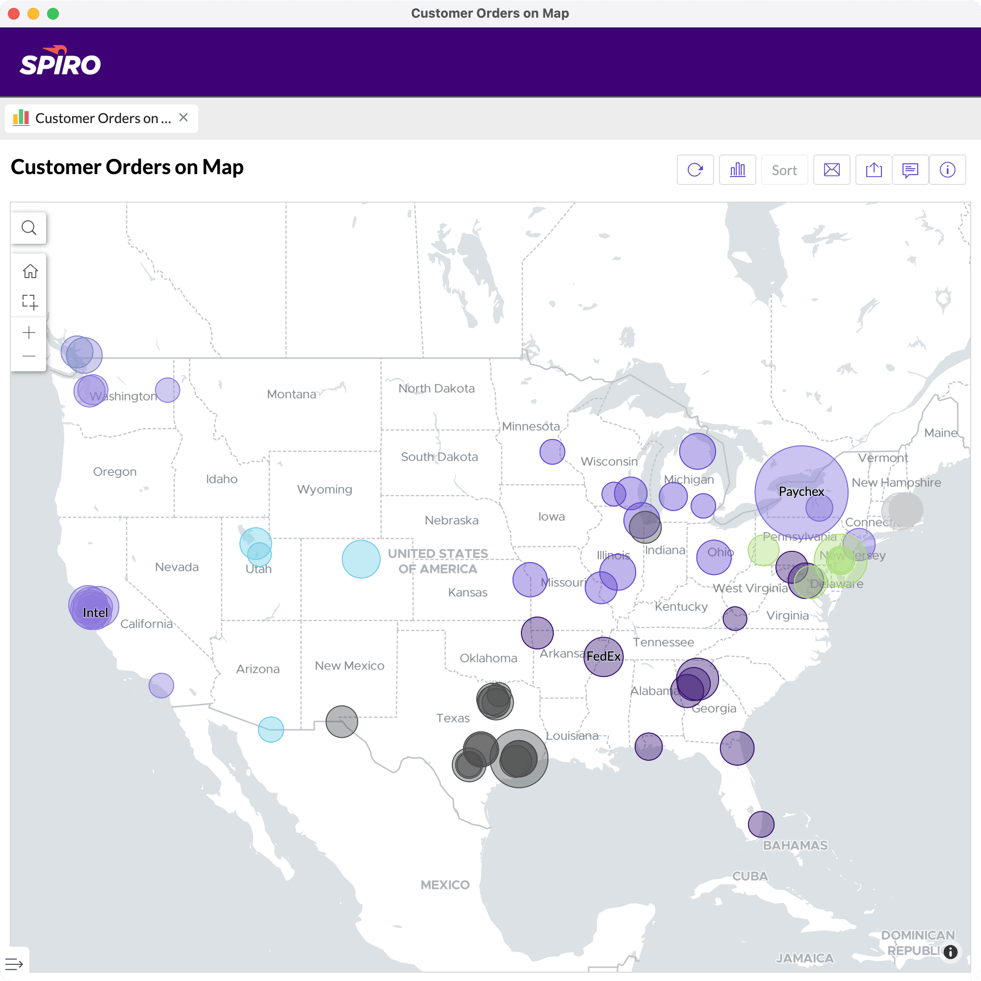 Spiro map view showing customer orders by region, helping manufacturers visualize sales performance and territory coverage.