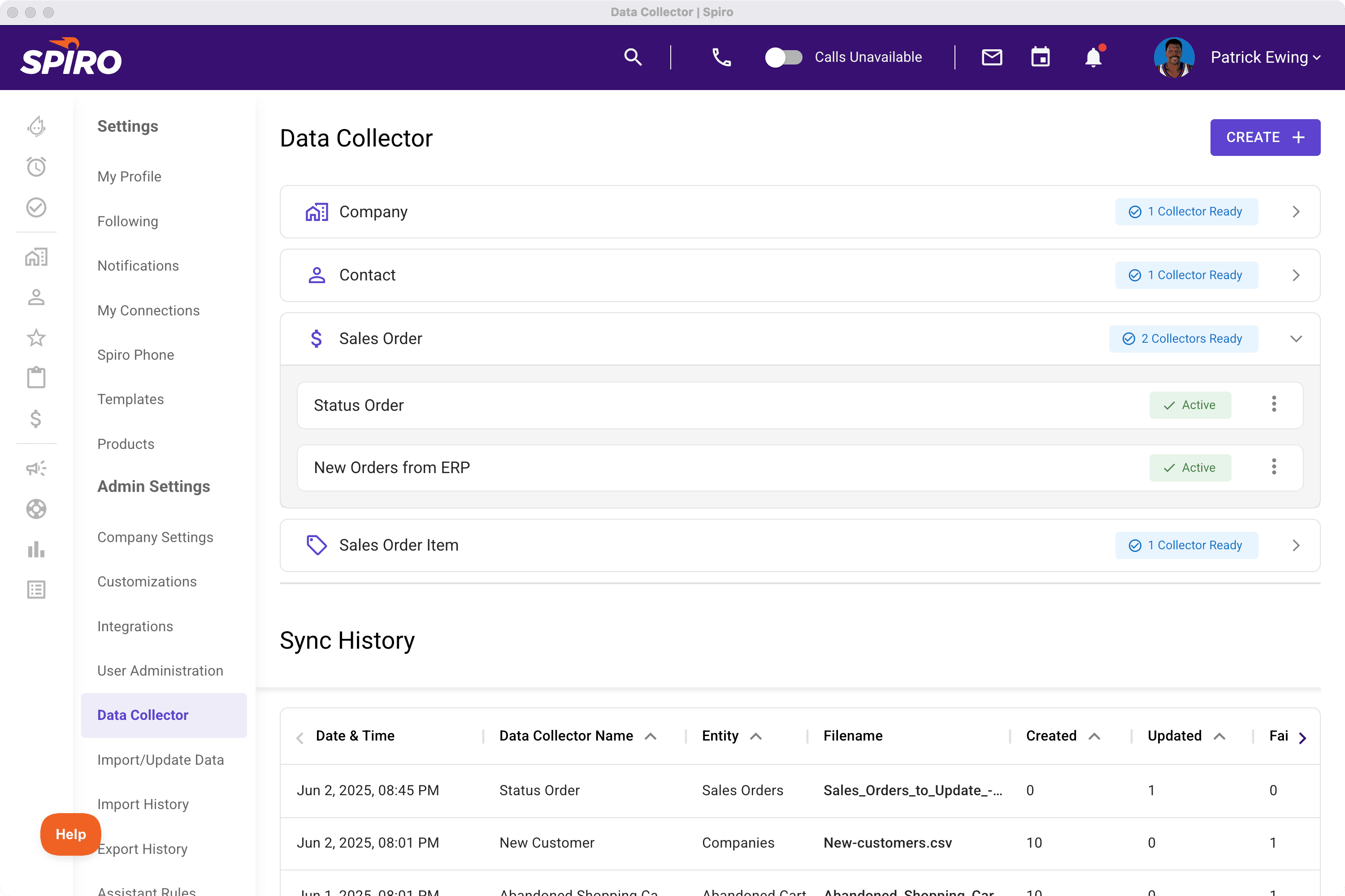 Screenshot of Spiro’s Data Collector syncing ERP data like sales orders and contacts into the CRM using matching table structure.