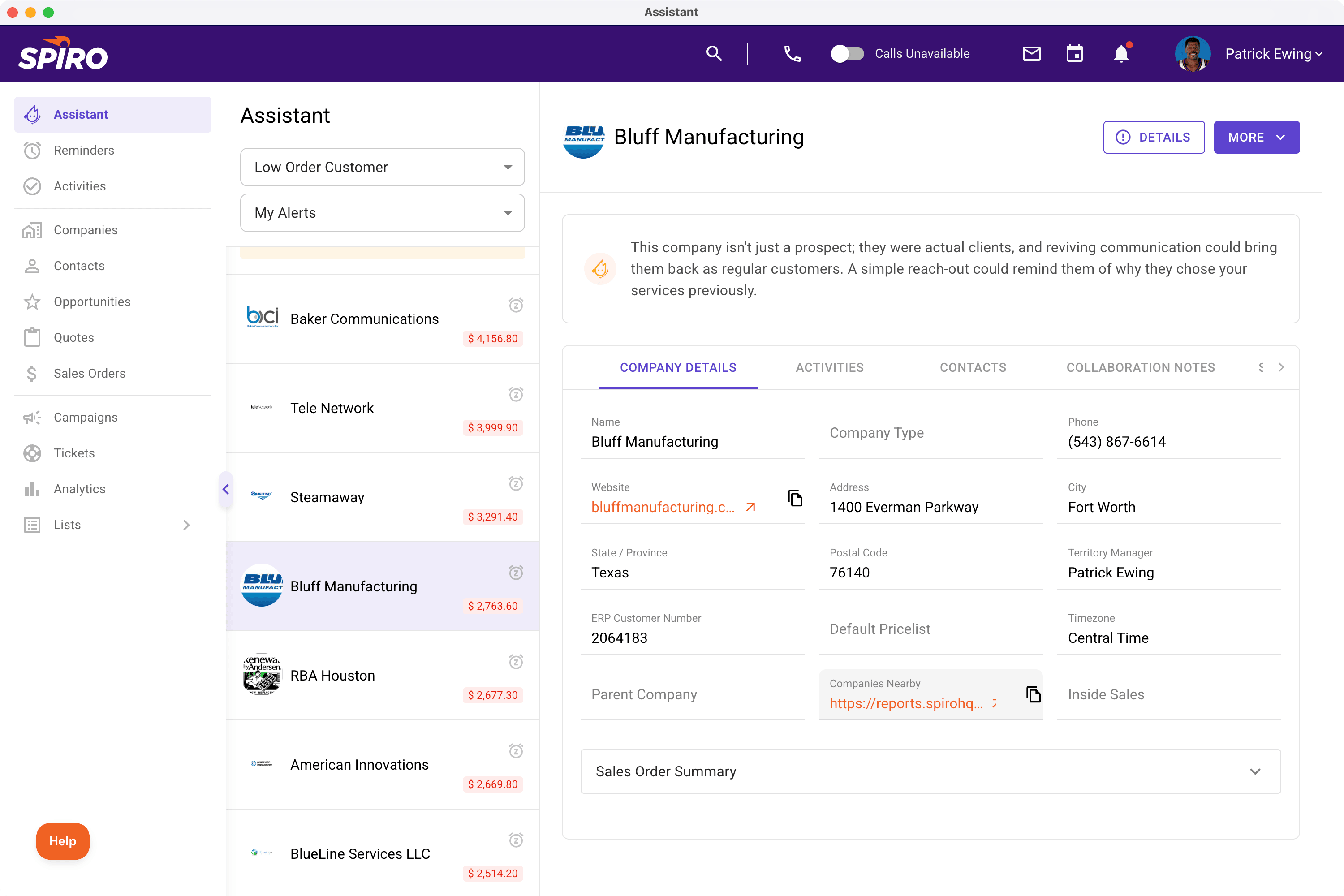 Screenshot of Spiro’s assistant view highlighting low-order customers, with AI-suggested alerts based on sales activity trends.