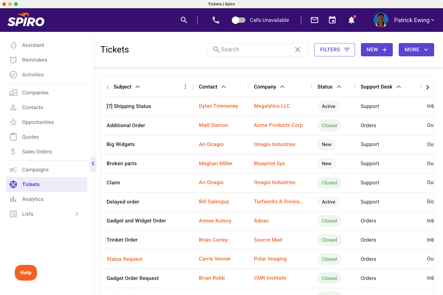 Screenshot of Spiro CRM’s ticketing interface showing a unified view of customer issues across manufacturing teams like sales, support, and operations with status tracking and team collaboration.