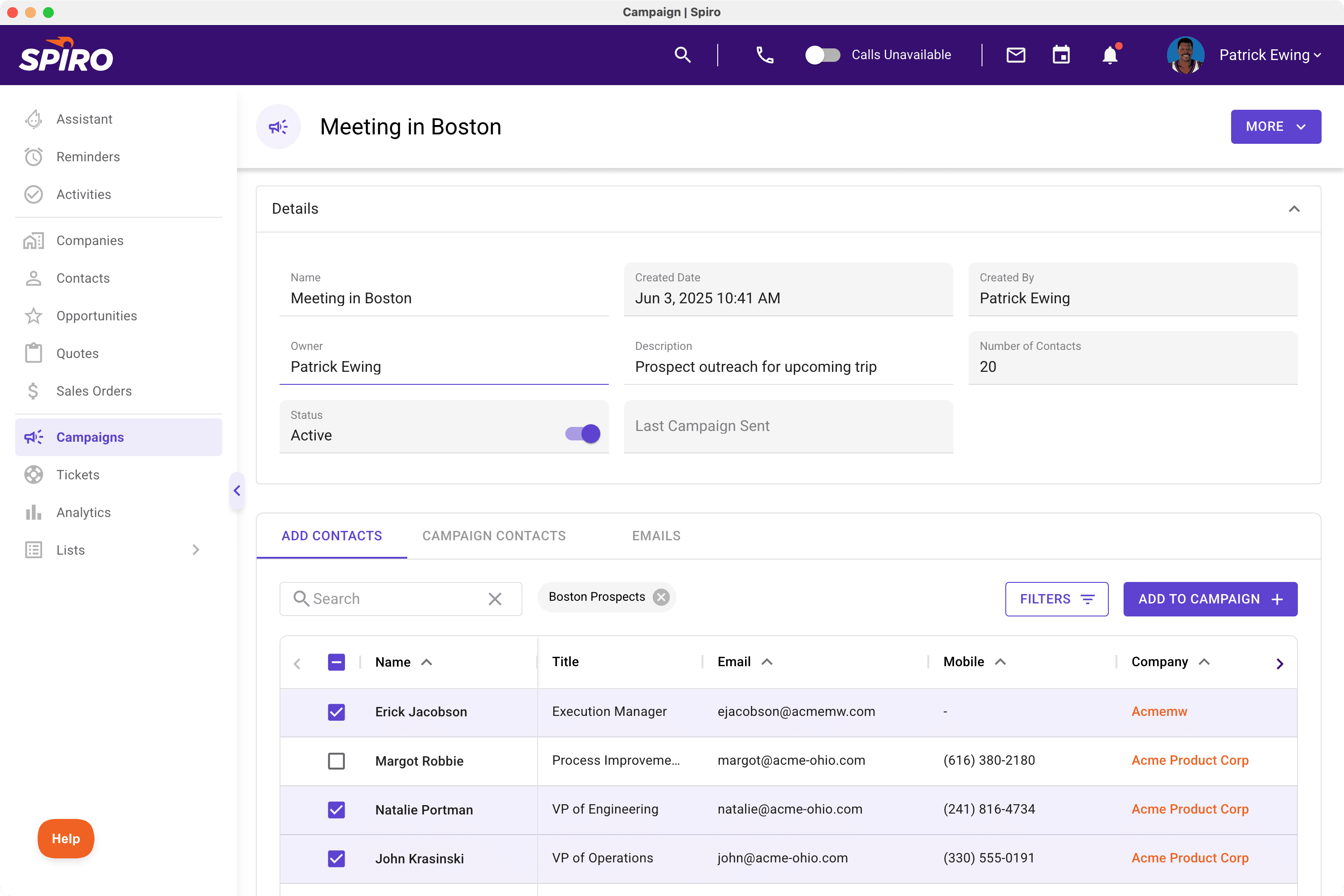 Spiro Campaigns dashboard for manufacturers showing personalized email outreach interface, contact list, and targeted follow-up tools for sales automation.