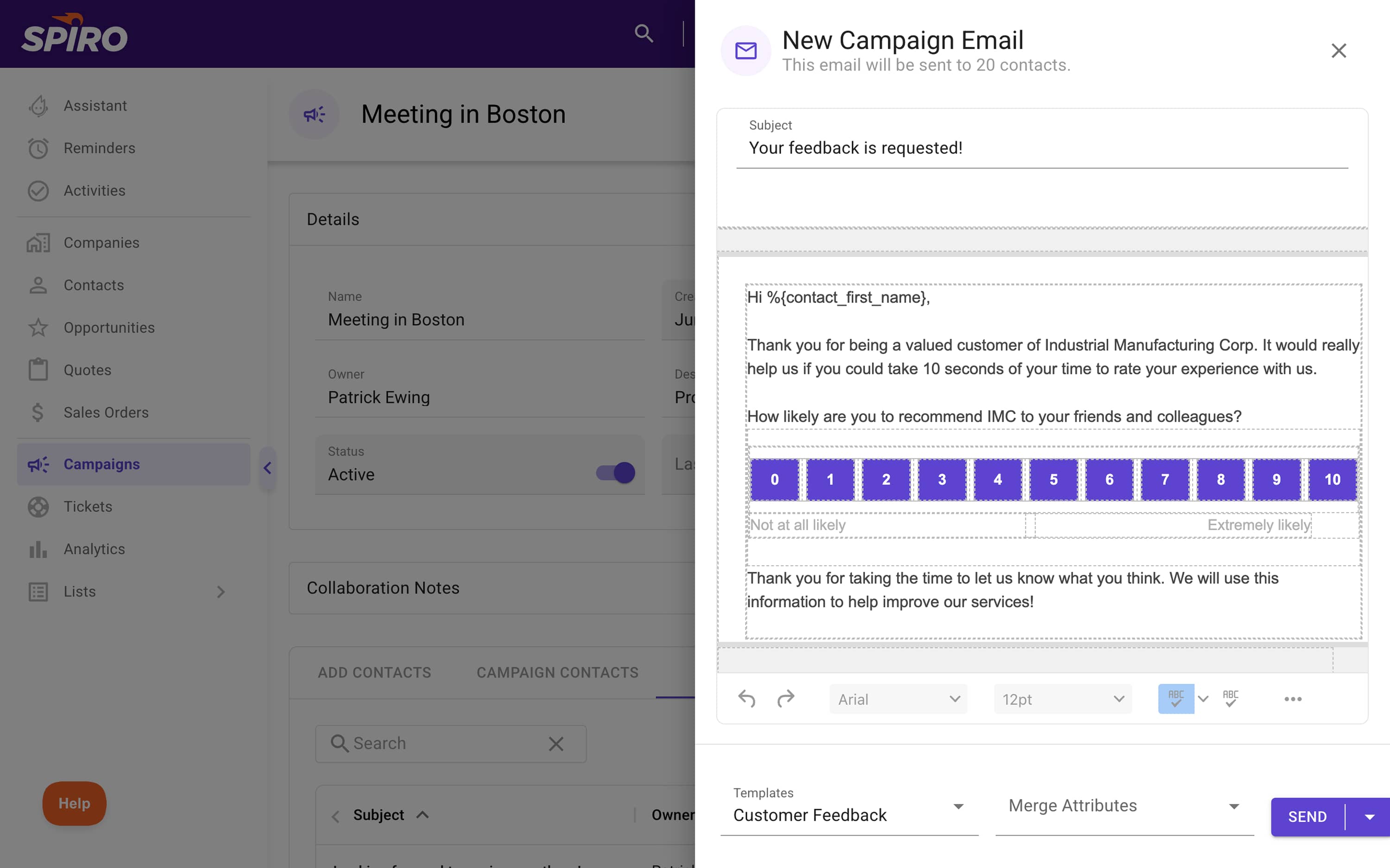 Screenshot of Spiro’s campaign builder displaying a standardized customer feedback email template, helping manufacturers maintain consistent communication across teams.