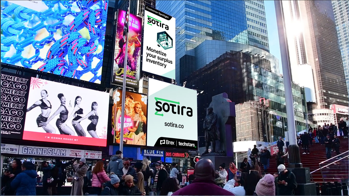 Sotira ad on Times Square billboard promoting surplus inventory monetization