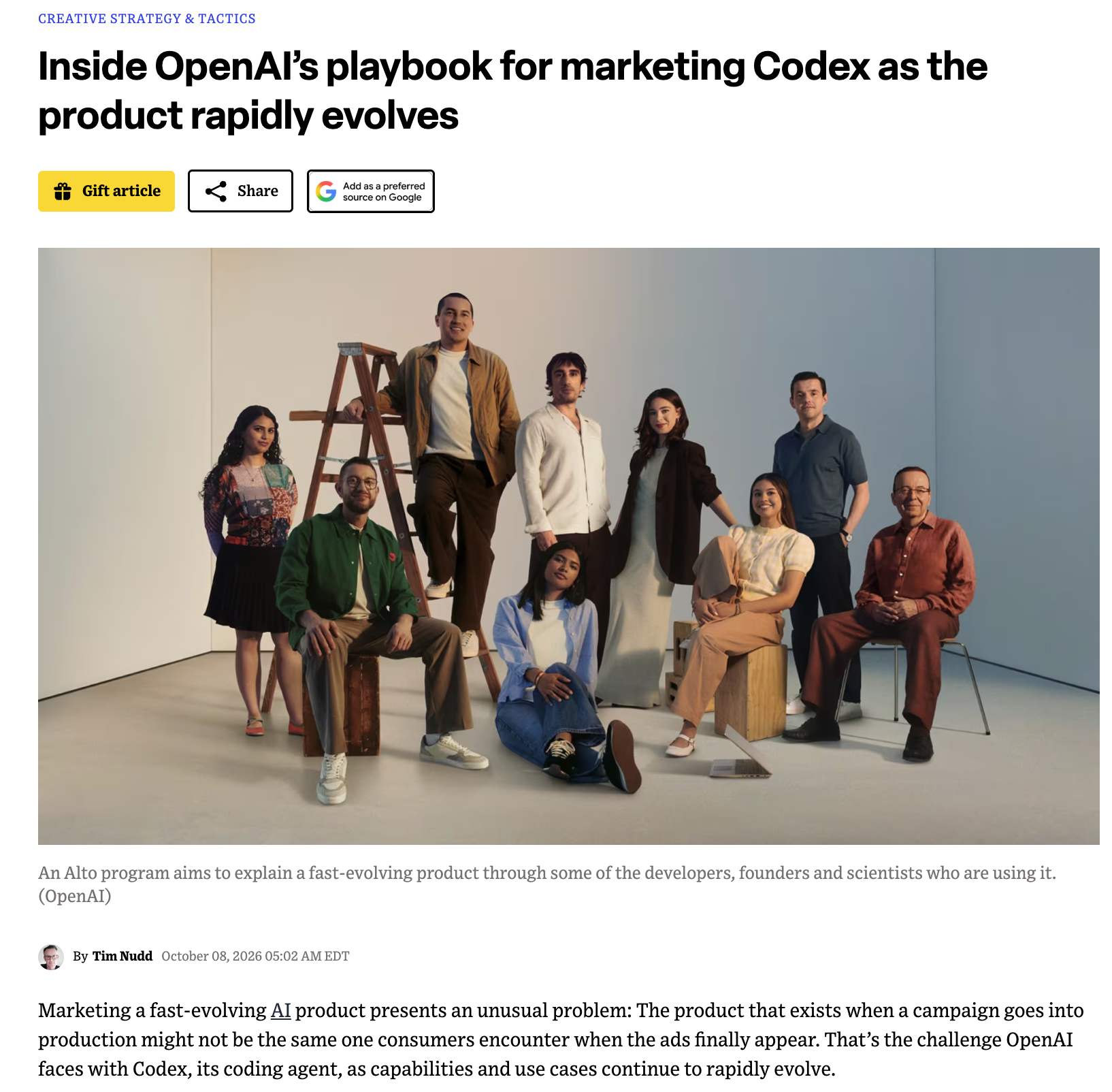 Press coverage of OpenAI’s Codex Originals campaign featuring Amrita Bhasin.