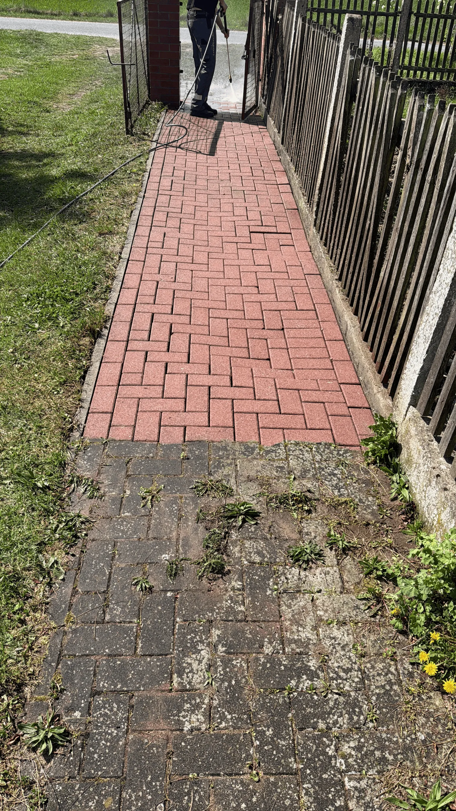 Vorher-Nachher-Vergleich einer Pflastersteinreinigung mit roten Ziegelsteinen und entfernten Moosbelägen