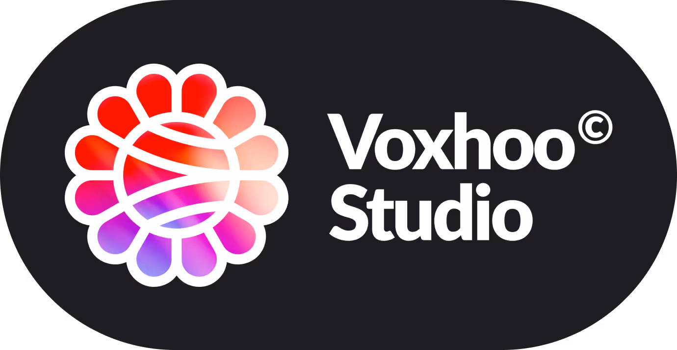 Voxhoo Studio logo with a colorful flower-like design on a dark rounded background.