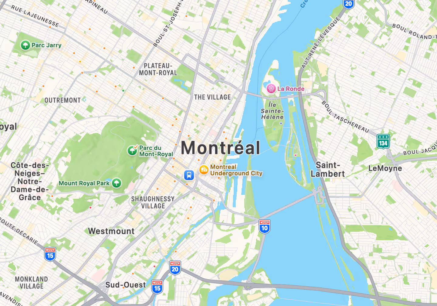 Map of central Montreal highlighting Mount Royal Park, Parc du Mont-Royal, Montréal Underground City, Île Sainte-Hélène, and major highways 15, 20, and 10.