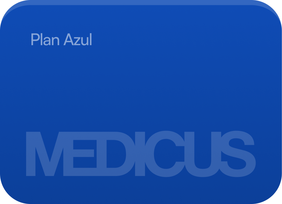 Tarjeta azul con logos 'Plan Azul' y 'MEDICUS' mostrados