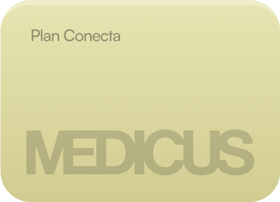Tarjeta color canela con 'Plan Integra' y 'MEDICUS' en fuente color canela