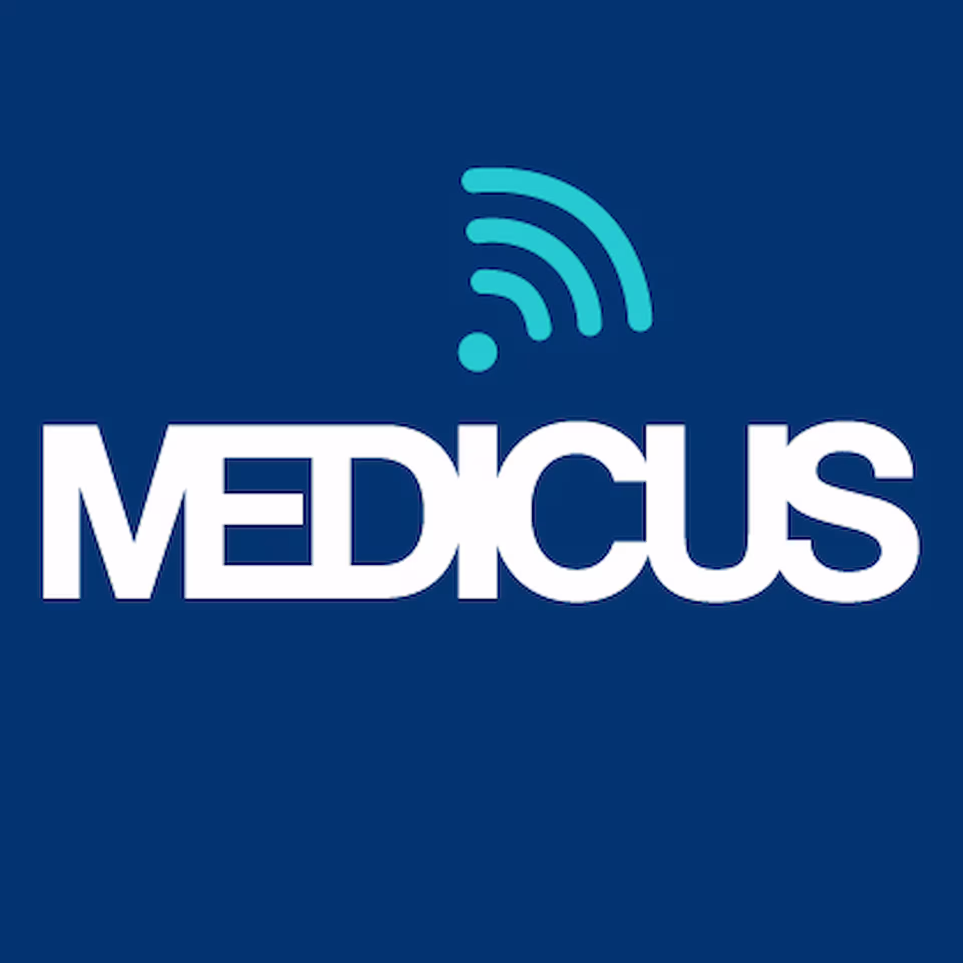 Logotipo de Medicus en azul con símbolo de wifi turquesa arriba
