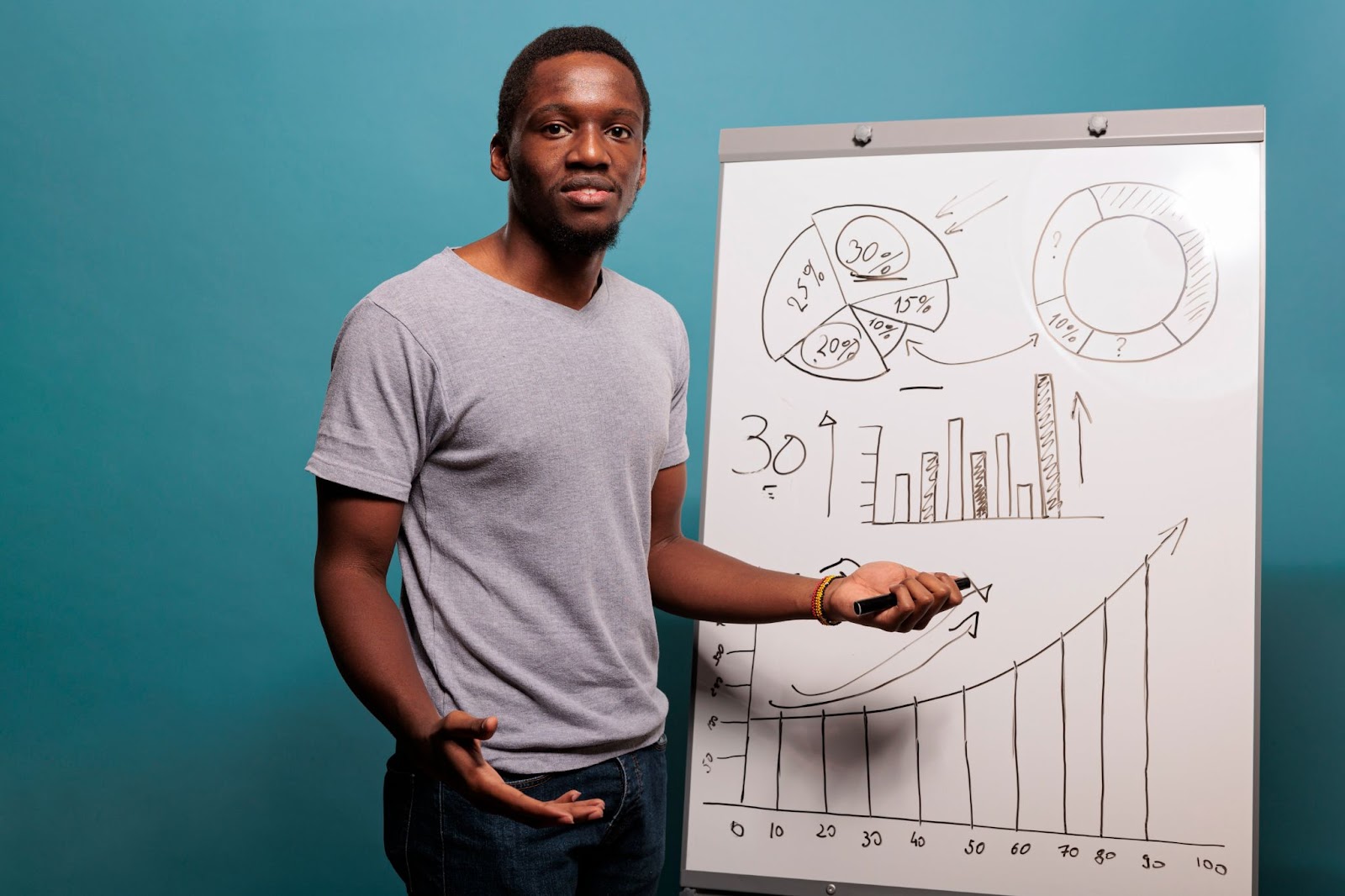 A man presenting marketing statistics