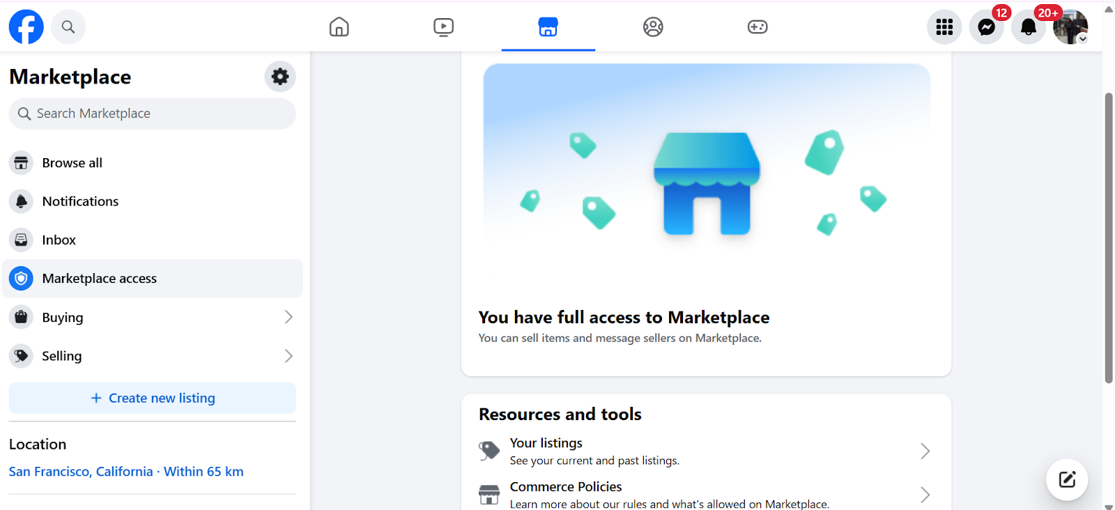 Screenshot of a Facebook Marketplace profile setup page with no listings displayed.