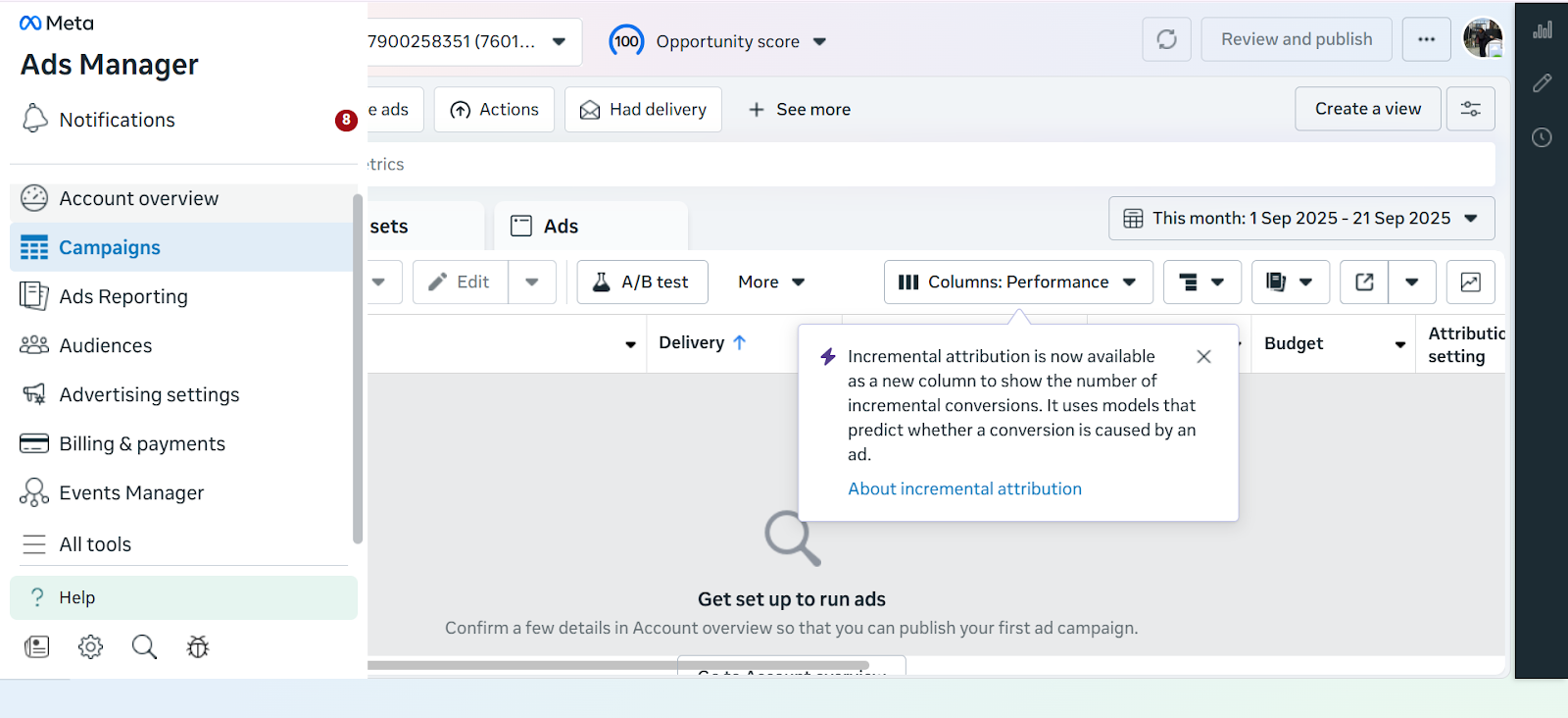 Screenshot of the Facebook Ads Manager dashboard displaying options for creating and managing ads.