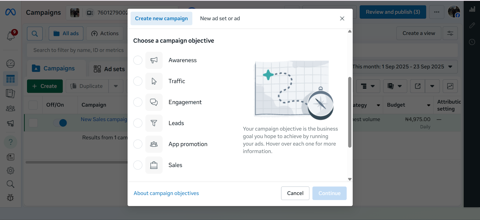 Screenshot of Meta Ads Manager displaying the list of campaign objectives including Awareness, Traffic, Engagement, Leads, App Promotion, and Sales.