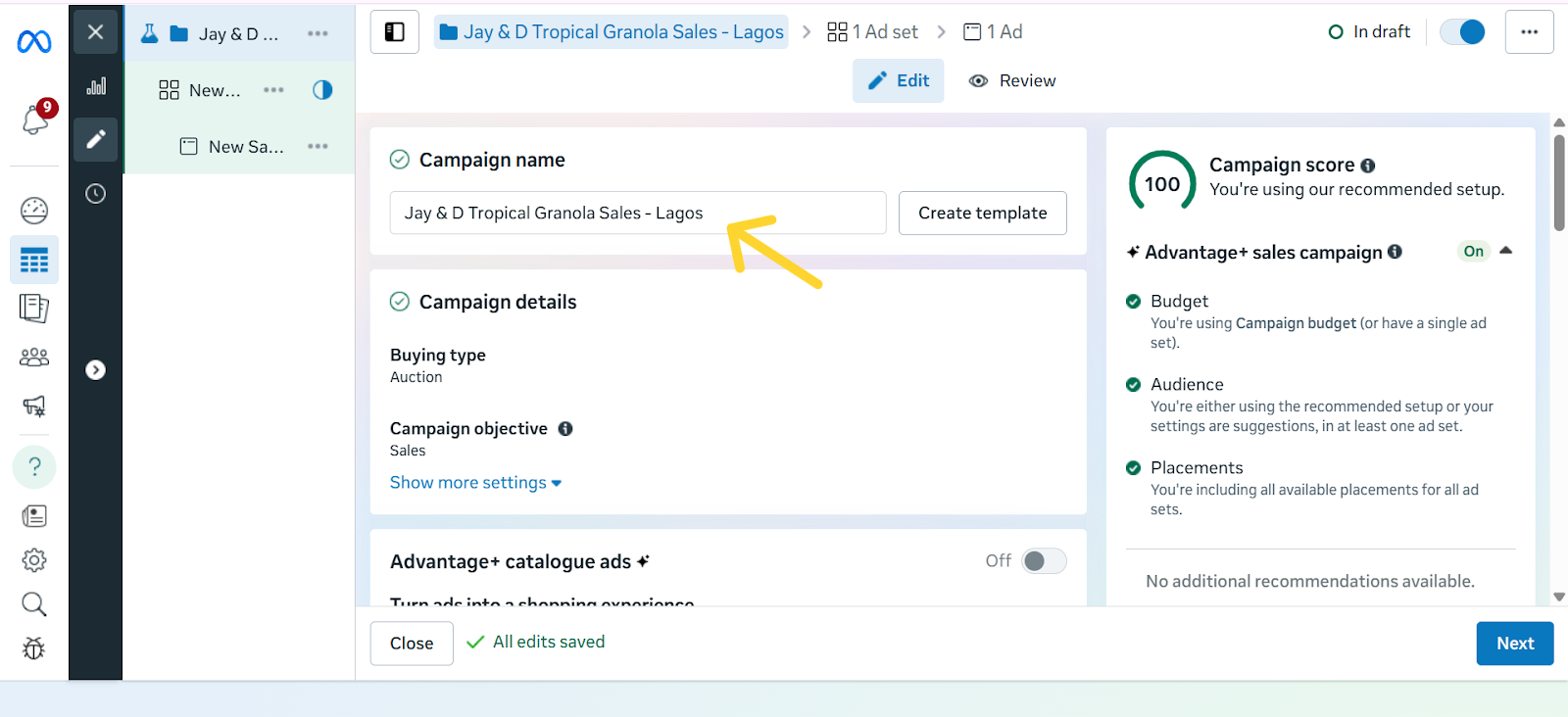 Screenshot highlighting the ‘Name Your Campaign’ field in Meta Ads Manager with an arrow pointing to the text box where users enter the campaign name.