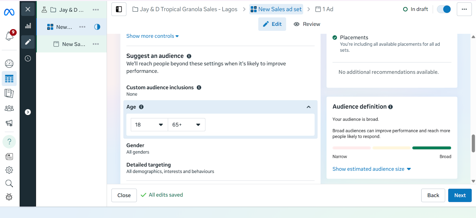 Screenshot of Meta Ads Manager showing the Audience Targeting section. The Custom Audience option is visible, along with manual targeting settings for age, gender, and detailed targeting.