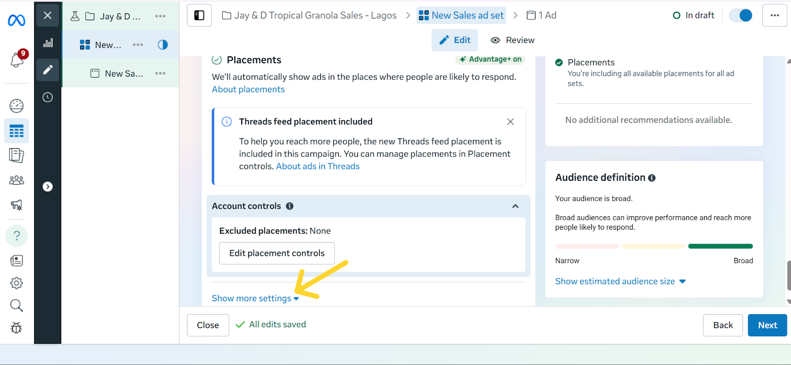 Screenshot of the Ad Placements section in Meta Ads Manager with an arrow pointing at ‘Show More Settings’ for manually selection of ad placements.